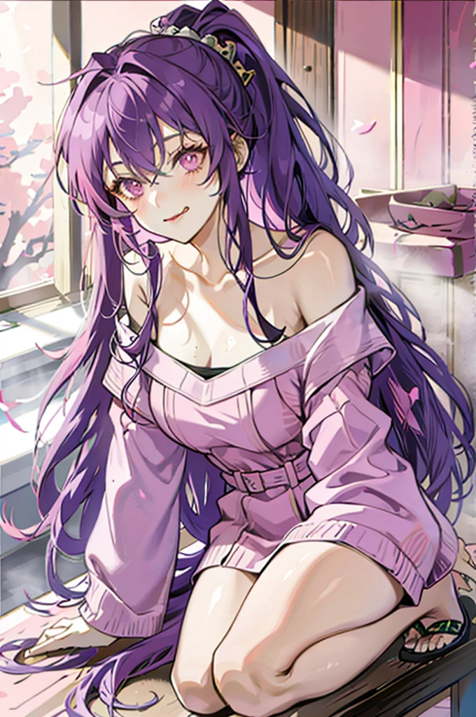 Masterpiece, Best quality, hindquarters_Visible_Through_Thighs, Cityscape, Real, A high resolution, Colorful, Girl, Long hair, Colored inner hair, curly_Hair, Beautiful detailed eyes, Light smile, Small breasts, Japanese_clothes, Obi, Frilled bra , white kneehighs, Earrings, Hair_bow, necklace, Sit on the, wariza/W-sitting, nipple tweak_thigh high,