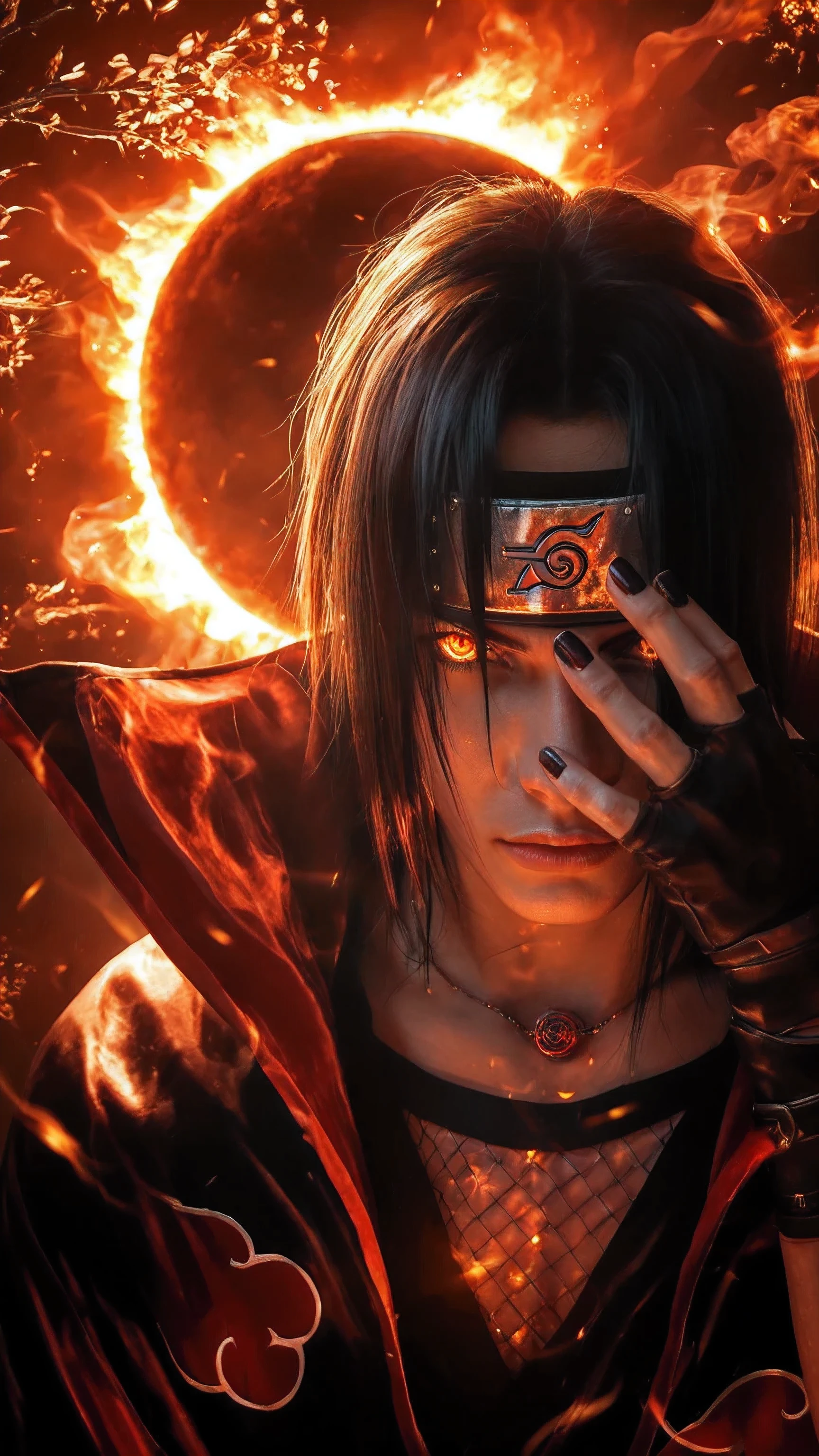 score_9, score_8_up, score_7_up, source_anime, detailed, wallpaper, beautiful details, itachi, itachi uchiha from naruto, 1boy, asian, man 27s, male focus, looking at viewer, ultra realistic, cinematic close-up of a mysterious male ninja, glowing red Sharingan eyes with intense glare, realistic skin with visible pores and fine imperfections, long flowing black hair with highlights, detailed strands, metallic Konoha forehead protector reflecting flames, sharp facial structure, serious intense expression, black cloak with red Akatsuki cloud pattern, glowing ember texture on cloak fabric, visible fishnet undershirt, ornate necklace with ring pendant, black fingerless gloves, hand covering part of face, burning eclipse behind head, solar flare lighting, glowing embers and ash flying, fire particles swirling, dramatic lighting with strong contrast on face and hair, smoky background, ambient red-orange light, hyper realistic atmosphere, dark fantasy tone, photorealistic anime style