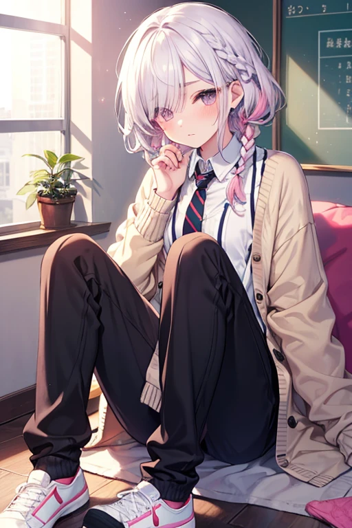 masterpiece, {{{{Highest quality}}}}, beautiful,1 girl, White_hair, school uniform, {cardigan(pink)}, dress_shirt, {neck_ribbon(blue)}, plaid skirt, {thighhighs(White)}, {{{embarrassed}}}, on bed, sitting,