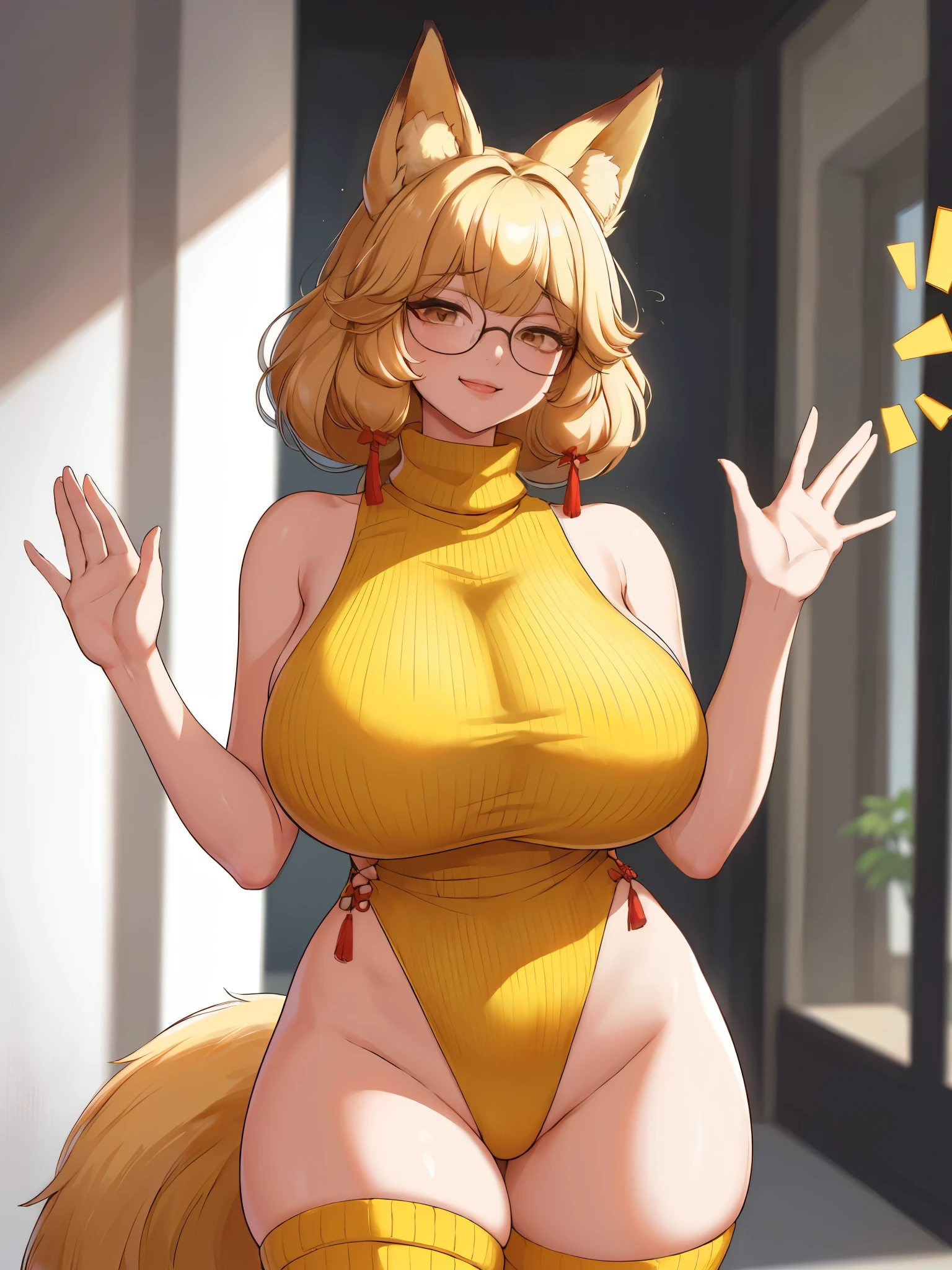 girl, standing, waving hand, fox tail, fox ears, yellow knitted sweater leotard, turtleneck sleeveless, side-cutout, (gigantic breasts:1.4), thighs, yellow knitted thighhighs, medium shaggy hair, bangs, blonde hair, glasses, red tassel, nervous-smile, aesthetic, dreamscape, dreamland,