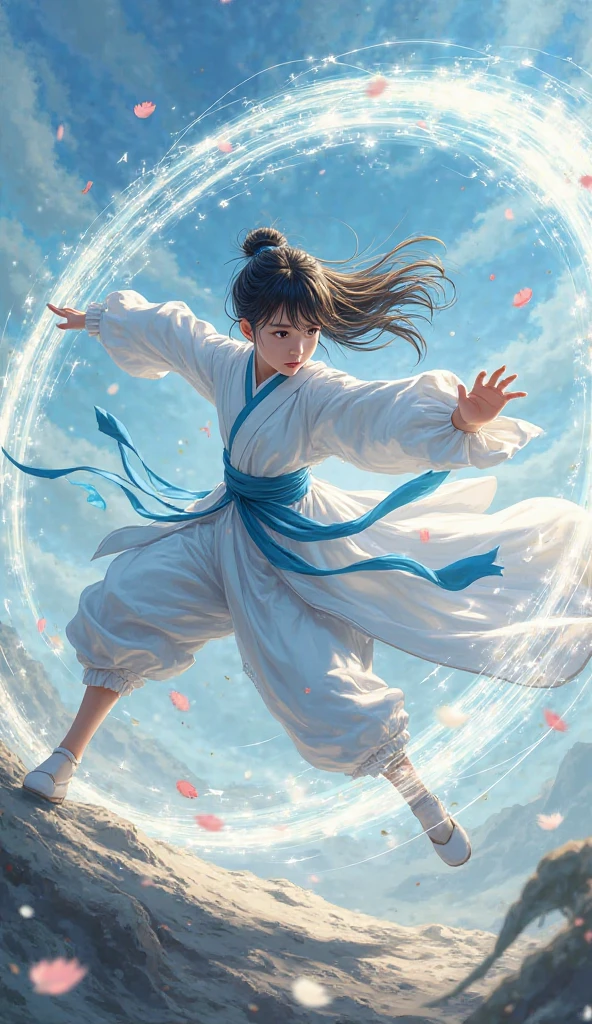 1boy：1.3，A four-year-old boy surfing on a sailboat at sea，sailing ship：1.3，Blue sea：1.3，black long hair，White clothes fluttering，Hanfu，Open your mouth and laugh，Full body，Chibi T-Shi