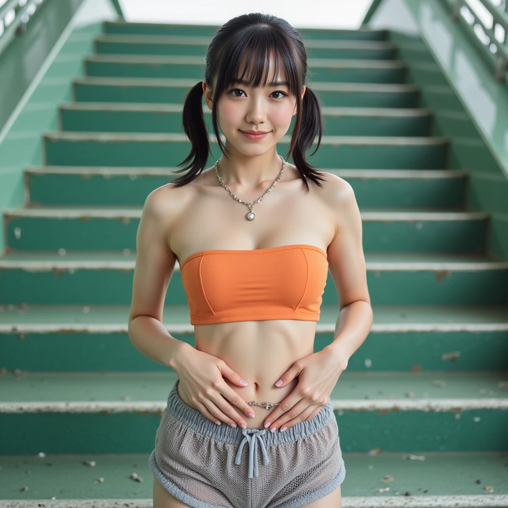 (one girl:1.3), Short hair, Japanese high-school student, Amazing face and eyes, Looking at the camera, Smile full of joy、show teeth、Raise your hands behind your head、Show the armpits、(Sit with your legs wide open:1.0, on the floor), (orange sports wear:1.2), (Best Quality:1.4), extremely detailed CG unified 8k wallpaper, Highly detailed, High-definition raw color photos, professional photograpy, Realistic full-body shots, Filming in the studio、Plain wallpaper, sexy portrait of girl, Open exterior, (from bellow:1.3), (looking down, watching at Viewer),