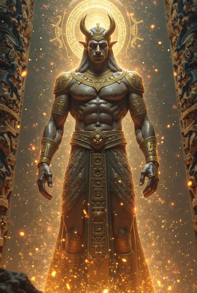 Full body God Chaac standing facing forward with large headdress and rays