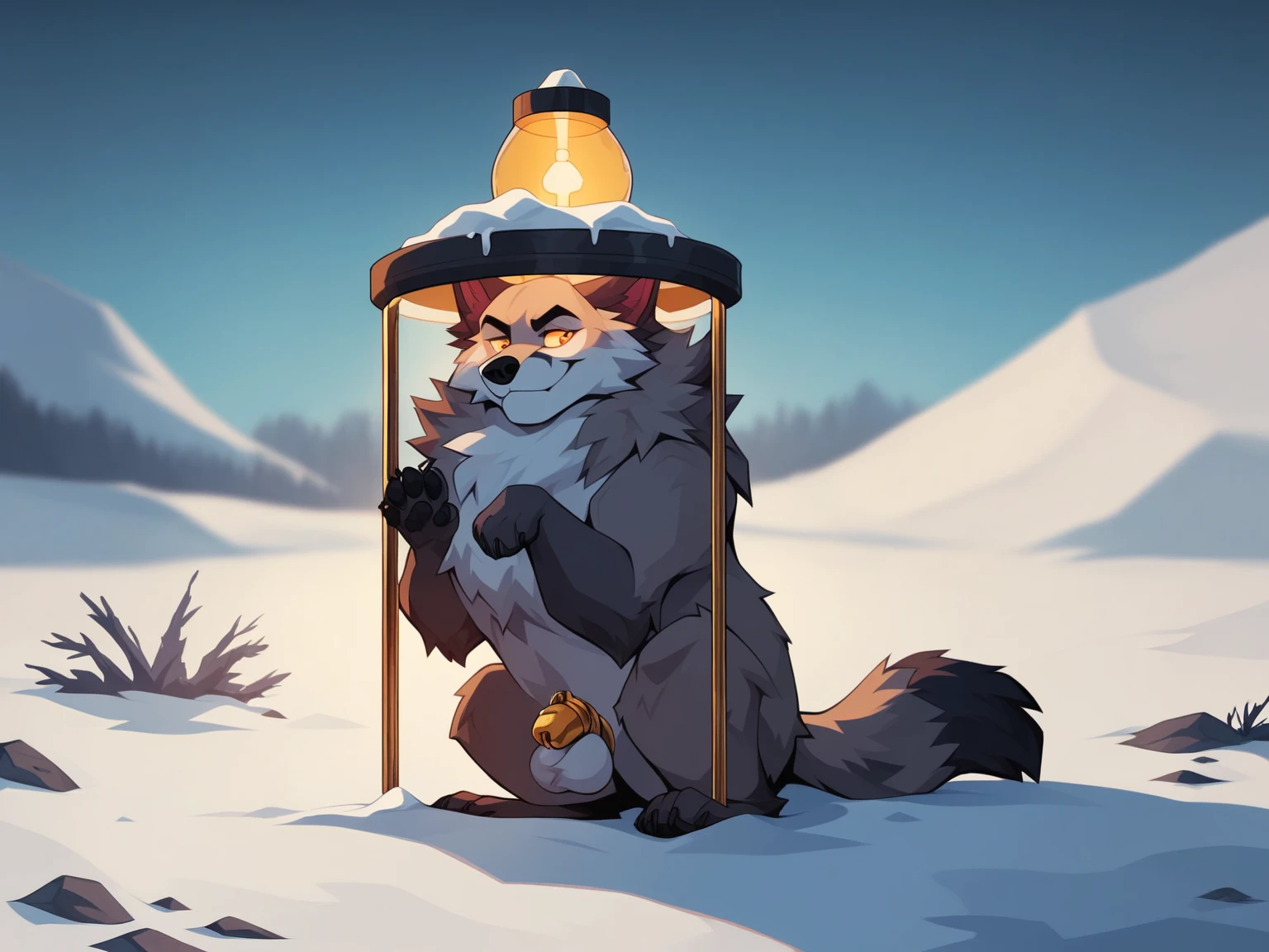 White Tanuki Hyena, Circle Eye, Red Pupil, Pug Mouth, Black beanie, red scarf, Holding Cigar, Forest, art by Kim Jung-Gi