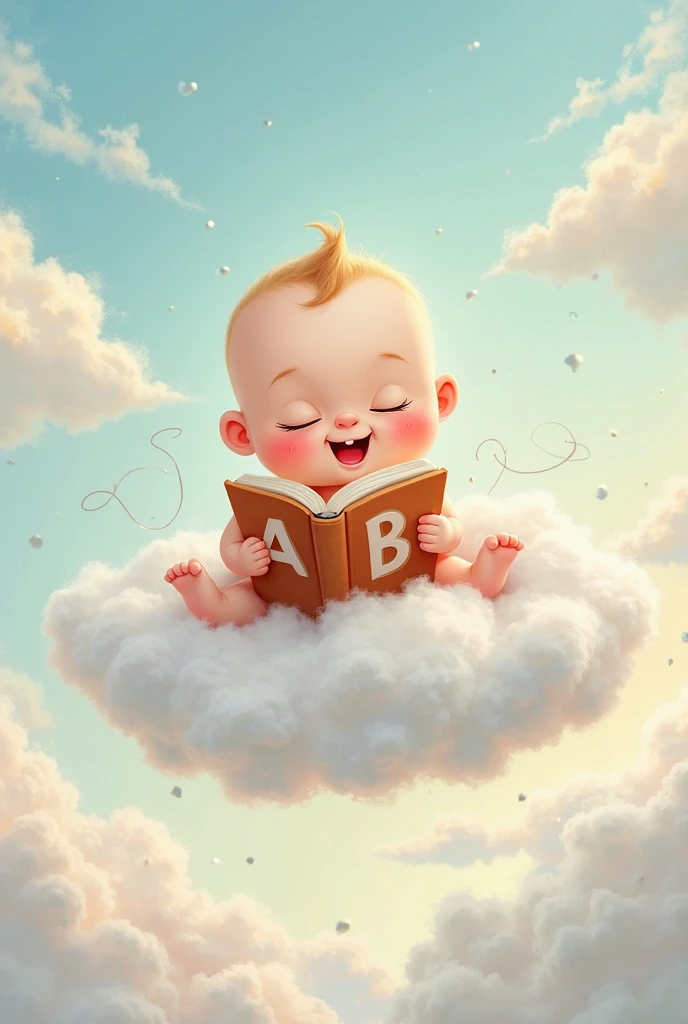 A child flying on a book, sitting on it happily, and I'd like them to have the face from the following photo.