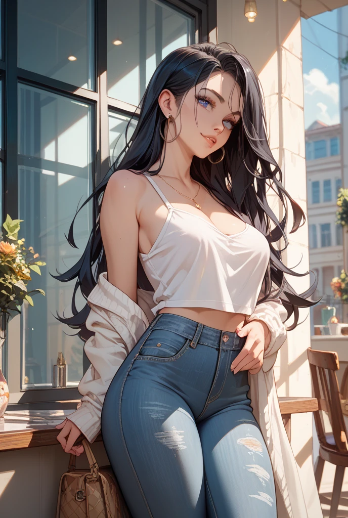 A  20 year old girl. Wearing bra and skin tight jeans below waist.