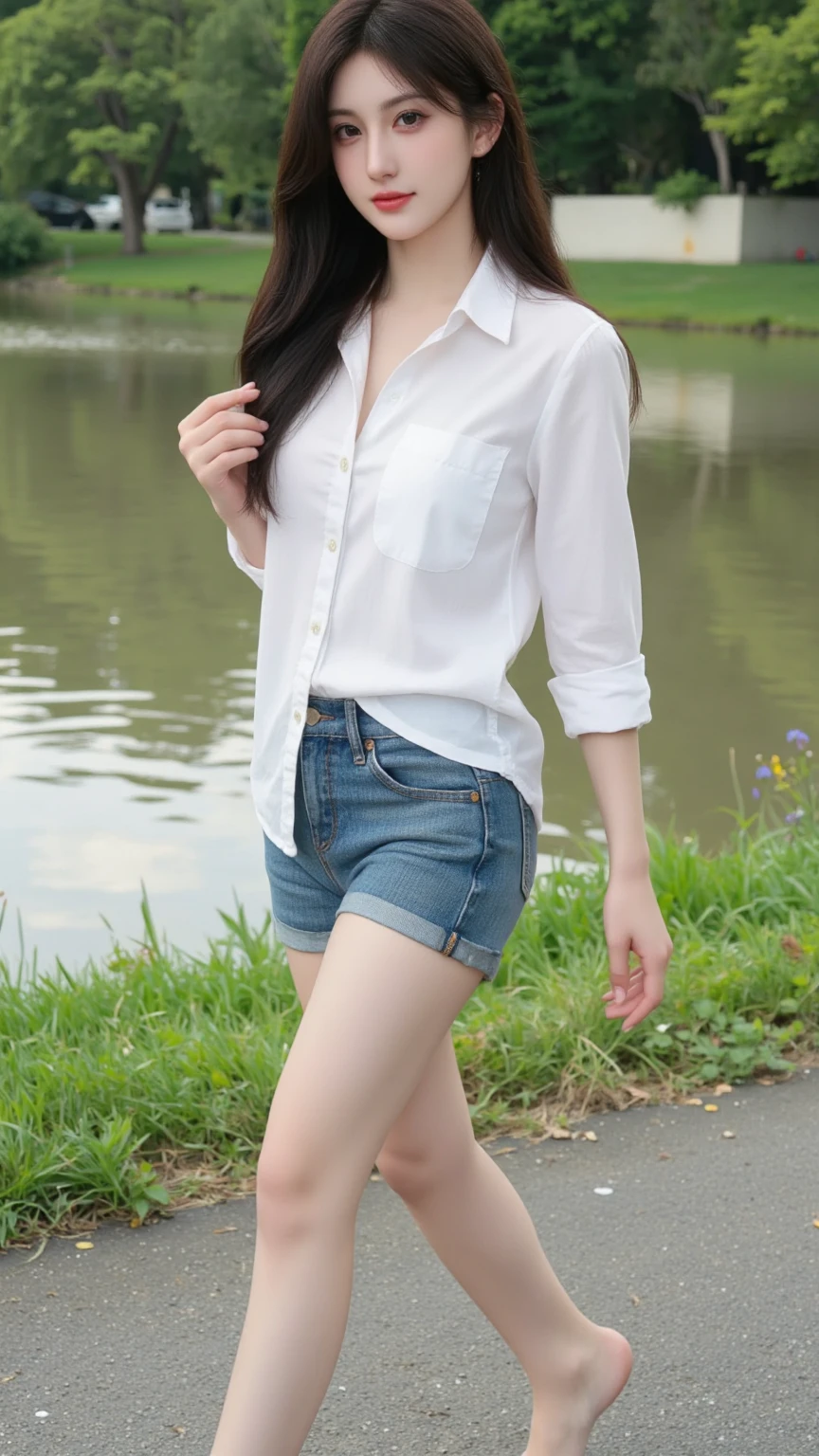masterpiece, best quality, Surreal, Ultra Detailed, 8k resolution, RAW photos, Clear focus, (A girl in the forest), ((light gray shirt)), sleeveless, sports Shorts,, Solitary, Perfect body, Perfect body, Bangs to eyebrows、Beautiful brown hair、Beautiful and delicate eyes、Brown eyes、Raise an eyebrow、Bangs to eyebrows、Beautiful brown hair、Beautiful and delicate eyes、Slender legs,Brown eyes、Raise an eyebrow、High Nose、Small nostril、Little mouth、Tempting lips、Mouth slightly open、Beautiful breasts、Full body、Oval face,Phoenix Eyes,Eyebrow, Double eyelids, Long eyelashes, A faint smile, full-body shot:1.2,She has a pair of eyes as clear as water,Eyebrows are like distant mountains,Creamy skin,Lips like cherry blossoms,玉Slender legs如柳枝,Her beauty is not only in appearance,It's more about her fragile yet tenacious temperament,Like a hibiscus flower swaying in the wind,It's pitiful, A faint smile, full-body shot:1.2,Playful and flirty pose,The calves are straight and thin:1.5,Wear high-end brand colored sneakers:1.5,
32 inches in the chest,(a charming smile:1), (sexy pose),26 years old, light,White shoes,Stand up