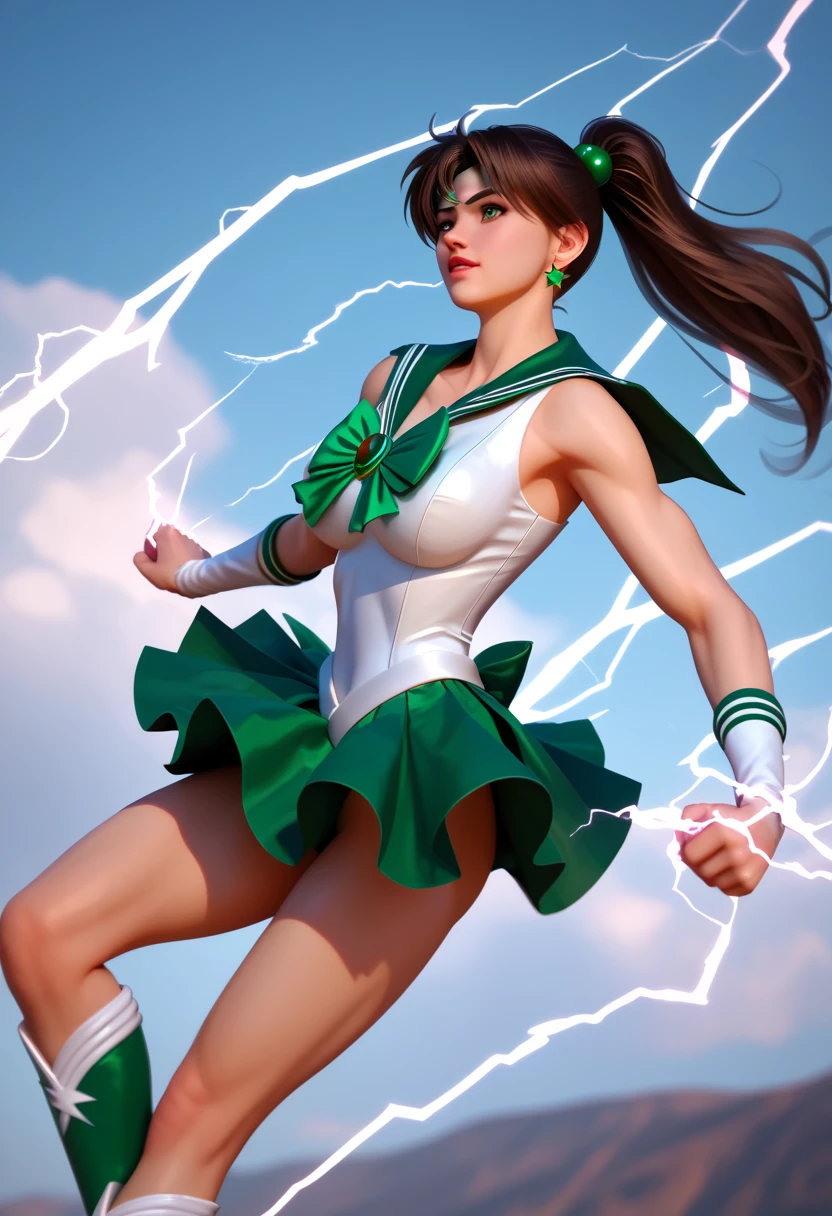 (((nsfw)))、Showing genitals、(((((Small breasts))))、(8K, Highest quality, masterpiece:1.2), (Realistic, photo-Realistic:1.4), Super detailed, A scene from a movie, Upper Body Shot, Sailor Jupiter grins, Show your hand, Fighting Pose, Ham Jupiter, Green Eyes, ponytail, tiara, jewelry, Sailor Warrior Uniforms, Green sailor collar, choker, Elbow hand pockets, White gloves, Pink ribbon, brooch, leotard, A green skirt with lots of lightning bolts