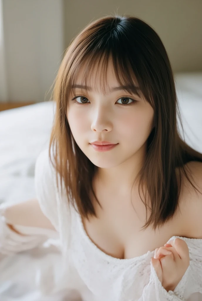 masterpiece, highest quality, 8k, 18-year-old, Idol, Big Breasts, cute, alone, cute, Girlish, Delicate girl, Pure beauty, RAW Photos, Professional photography, Portraiture, Soft Light, Professional Lighting, Backlight, Upper Body, Gaze Here, Sophisticated, Film Grain, (Eye and facial details:1.0), Floating shorthair, beautiful, Flowing hair, bangs, Off-the-shoulder knit、Big Breasts、The chest is slightly visible, Huge breasts:2.0, Small face
