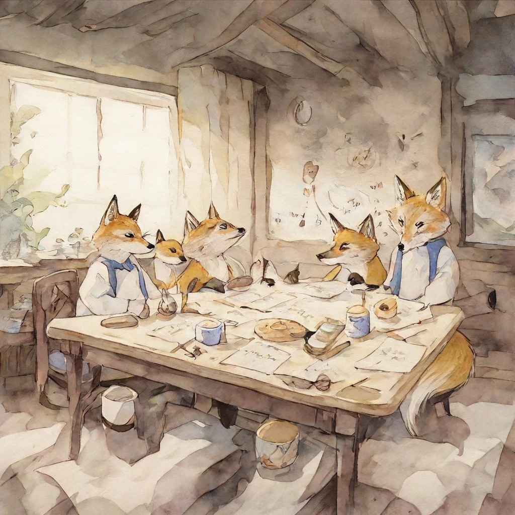 best quality、masterpiece、best depiction 、watercolor、illustrations、The fox's parent and  are looking at this divided by Y。