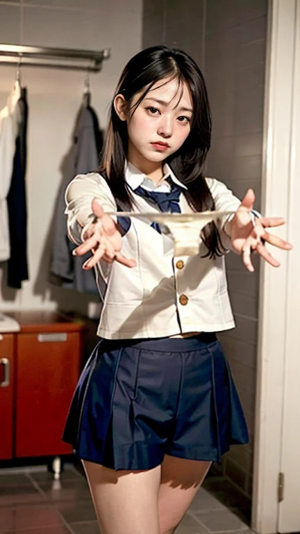 Highest quality,masterpiece,Ultra-high resolution, Very detailed, 8K,a 15 years old beautiful Japanese woman:1.5, Small face, Black Hair, blunt bangs, Breast Augmentation Surgery, (High school uniform:1.5, Pleated skirt), ((Woman tied with rope and hanging from the ceiling:1.5))、 Night School