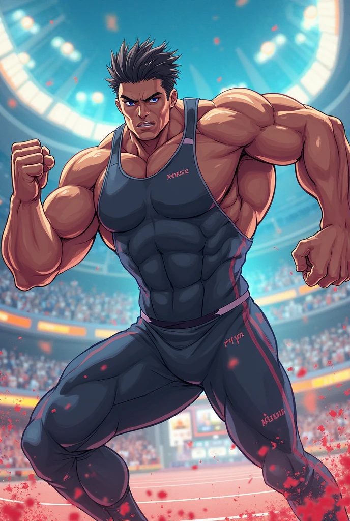 Robust champion man, torso exposed, legs bare from thighs to feet flowing long curls, meticulous muscle definition, lifelike representation, 4K resolution. Background: Stadium filled with cheering spectators,32k uhd, best quality, masterpiece, super detail, high details