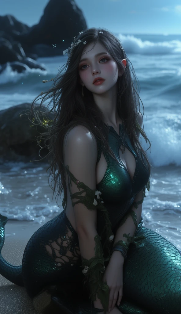 mermaid on the beach, most realistic and detailed image possible, dreamlike quality, fluid dynamics, lively, strong angle, strong pose, green eyes, subtle noises, soft lighting, sharp contour, expression confident female expression