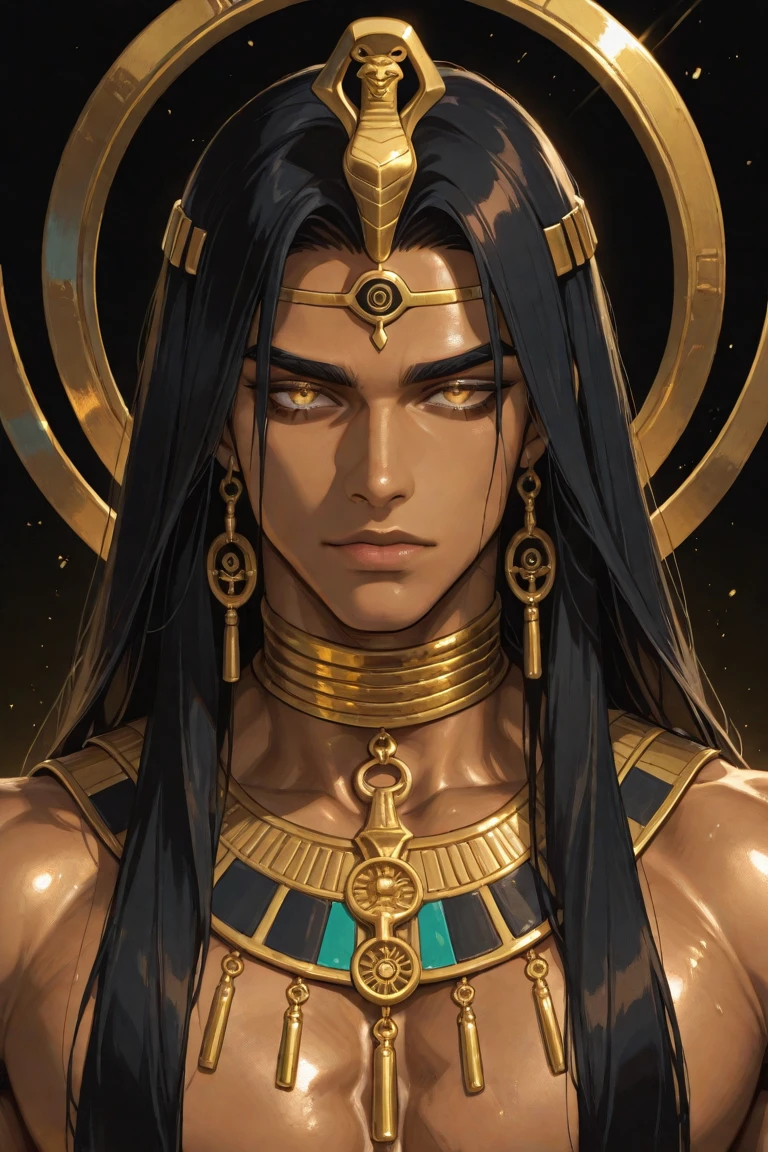 age boy. Egyptiane Gottheit Anubis. He looks like a teenboy. Egyptiane Kleidung. long black hair. Lots of gold jewelry. dark skin. Desert. Egyptian. blue eyes. Rotes Make Up. mystical.
