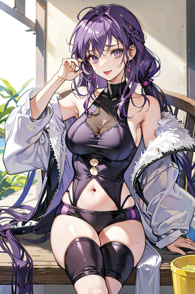 hayase yuuka (blue archive), black tank top, skin tight, midriff, navel, sexy, bratty, smug, smirk, cleavage, sideboob