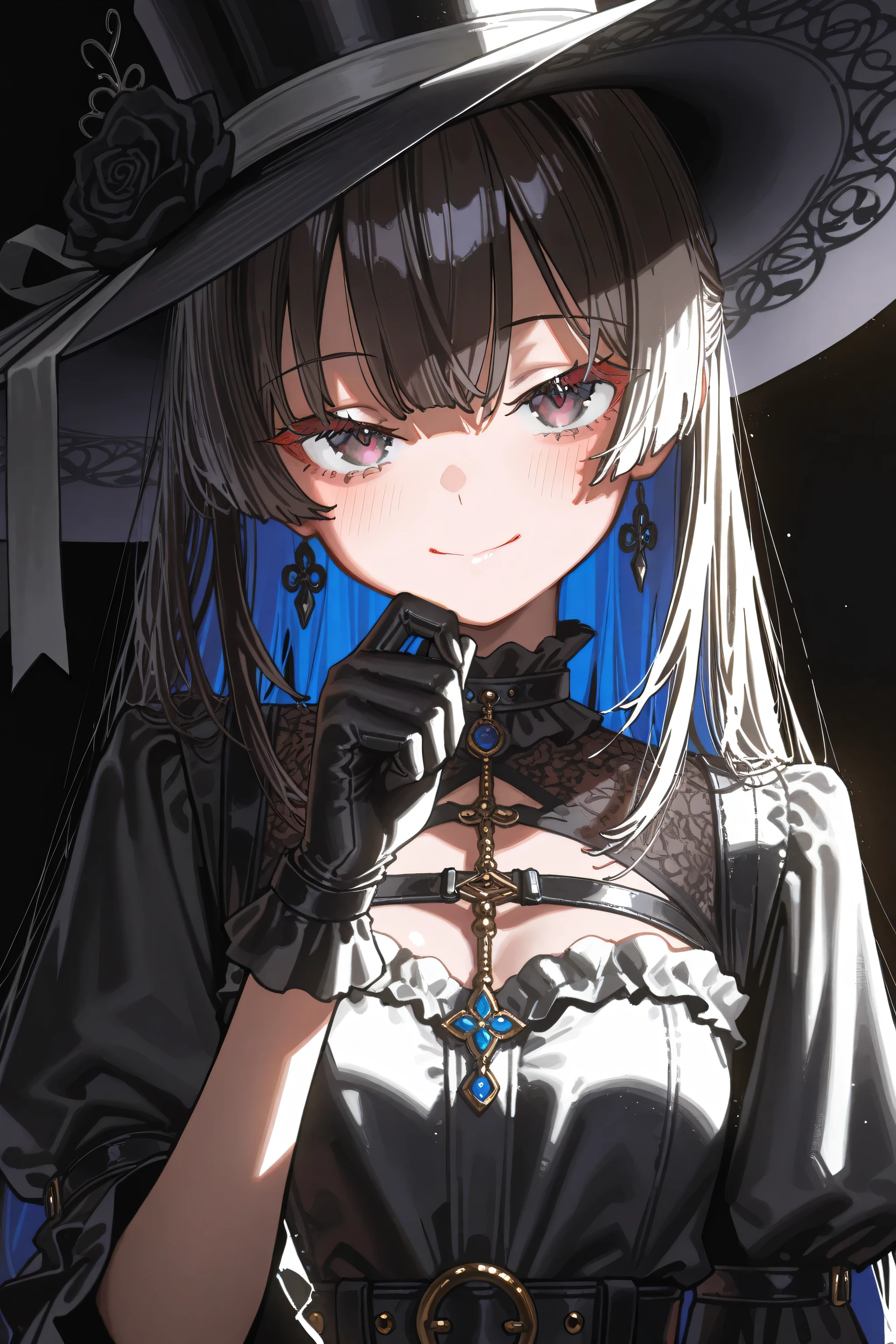 kmj-anonstyle, [artist:yoneyama mai], [artist:kanzarin], [artist: ekrea_jan], aruhshura, masterpiece,best quality,amazing quality, 748cmstyle, solo, eye focus, black hat, mysterious atmosphere, closed mouth, gentle smile, black gloves, elegant pose, gothic fashion, dark background, soft lighting, dark background