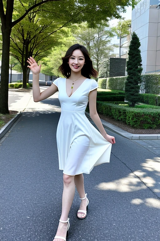最high quality, In 8K, Masseter region, Vibrant, Sharp focus, high quality, High resolution, Detailed face, fine grain, Thick lips, (Looking at the audience), Alone, Beautiful woman, 38 years old, Japanese women, (Short black hair:1.4), Cleavage, Lunch break、Large city park、Green Grass、(Standing in the park:1.3)、(Full body photo:1)、(White formal dress:1.5)、(Knee-length dresses:1.5)、(Black pumps:1.5)、(Red lipstick:1)、(smile:1.3)、(standard body type)、(C cup breasts)