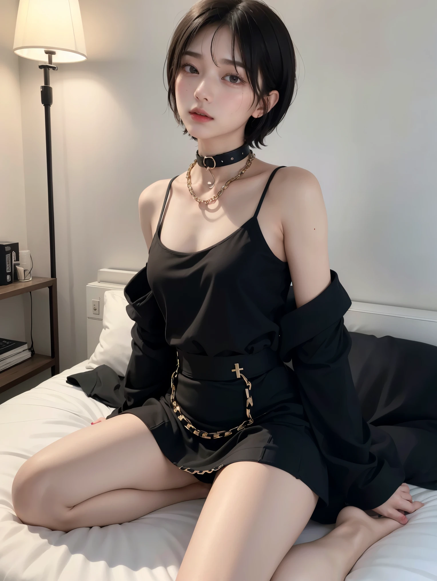 (Androgynous beautiful man:1.3)、(Bob Hair)、(best quality:1.4)、(masterpiece:1.4)、((masterpiece))、 RAW photos 、8k、((best image quality))、 ((high resolution))、brown hair、(Thick chain collar:1.3)、 black party dress、long skirt、straight hair、beautiful hair、Off Shoulder、(sexual excitement)、(sexual feelings)、Sex Appeal、bed、(Teaching beautiful boy about female sexuality)、(sex slave)、Eros、 small