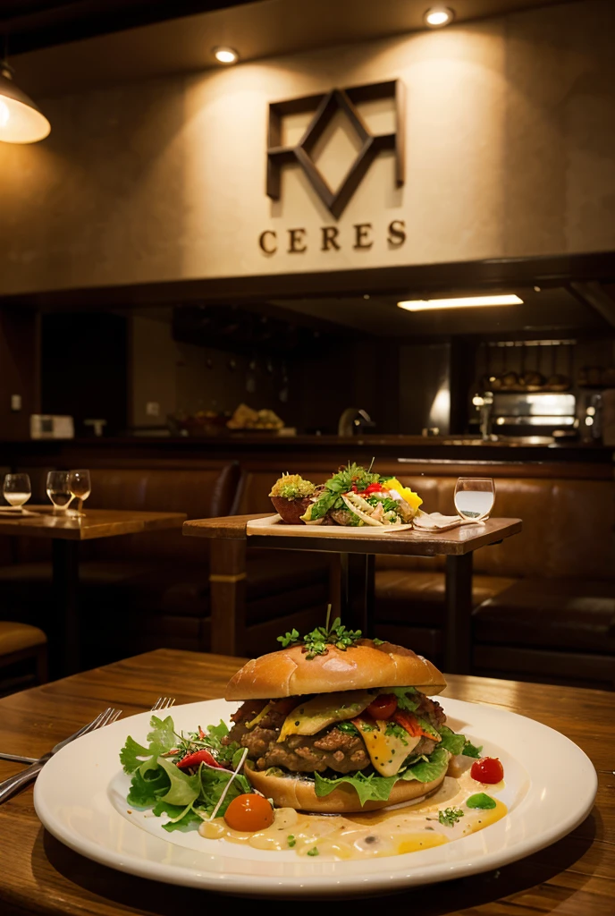 1 table with a tray of French fries, hamburger, and a soda with a straw next to it, background with the theme of Greek mythology Mount Olympus, statues of greek gods in the background, and on the glass the title (Athena's burgher) written in highlighted white