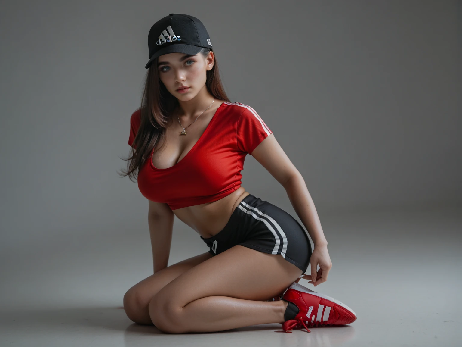 Hot pretty red haired bollywood style woman with stunning beautiful eyes and big breasts in gym clothes With adidas shoes in room