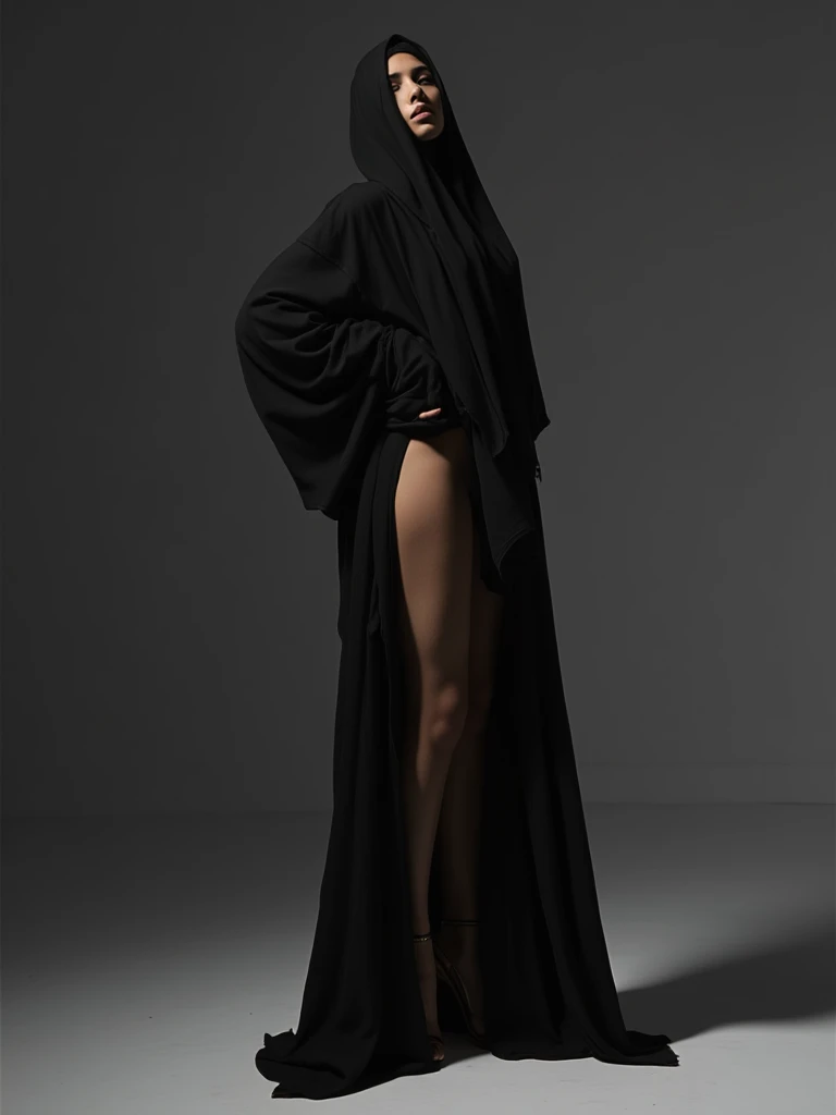 RAW photo,dark,moody,hazy atmosphere,35mm focal lenght,underexposed,cold,candid photograph,artistic,full body,photo of a beautiful,influencer,30yo Kurdish woman,hijab,detailed skin,naked, looking away from viewer, thick body structure,grey background,no background, candid pose,dim room,blue light, film grain, kodak color, instagram LUT