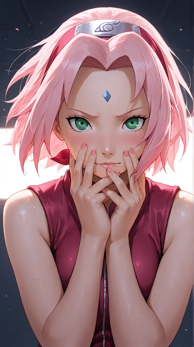 (solo), (naruto), (sakura haruno), BREAK, masterpiece, best_quality, ultra-detailed, anime_style, semi-realistic, vibrant_colors, absurdres, digital_painting, intricate_details, detailed_eyes, dramatic_lighting, cinematic_lighting, dynamic_shadows, sharp_focus, soft_shading, no_blurry, perfect_symmetry, expressive_face, intricate_hair, hyper-detailed, photorealistic elements, ambient occlusion, ray-traced reflections, natural_pose, detailed_expression, fabric_detail
