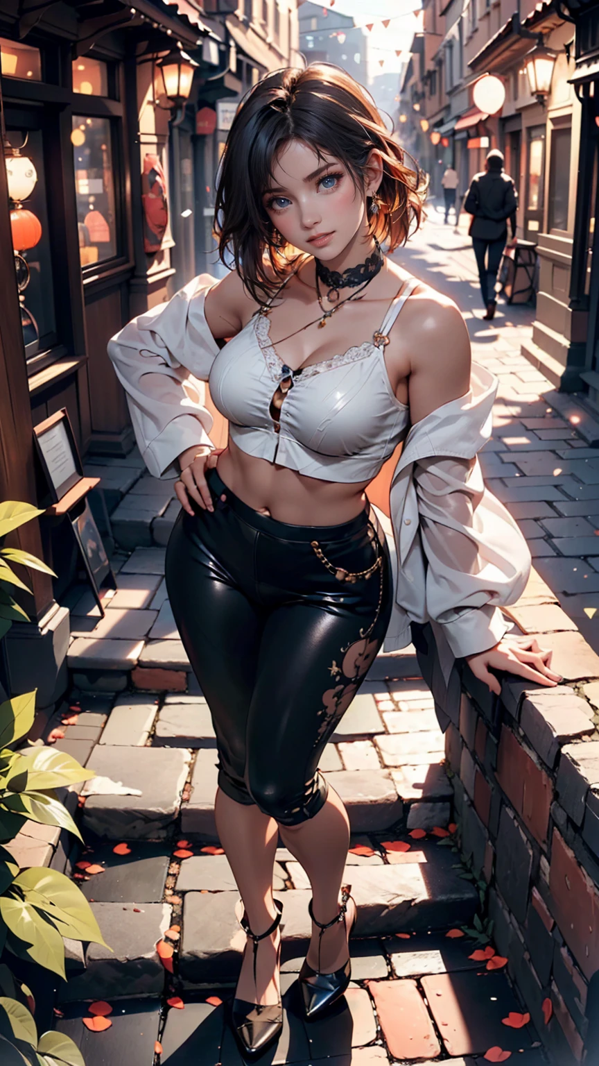 24 year old Caucasian female、Silver Hair、Straight Hair、Lace choker、Strap shoulder tops、No bra、Chest(Nipple swelling emphasis)、Colorful leggings、Stiletto heels、Place hands on hips、Wide stone steps in the old town(Lean on the railing)、smile
