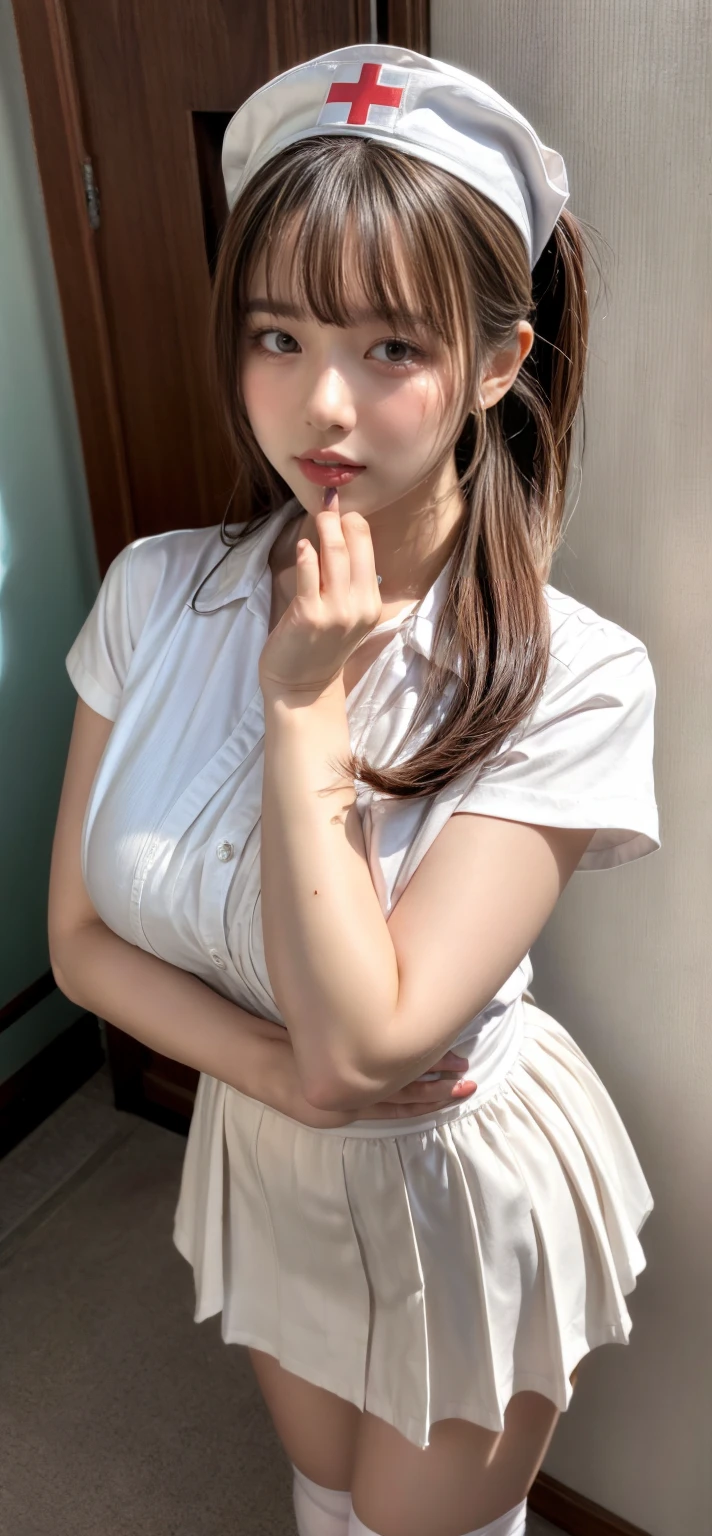 neat college girl、petite person、In the city of Shibuya、(Slimed、small tit、flat boobs、small tit)、Photorealsitic、detaileds, Skin Texture, ultra-detailliert、Delicate and sexy collarbone、A smile、Super Detailed Face、Detailed lips、A detailed eye、二重まぶた、sexy pose、(( Standing、Legs open、pubick hair、Chest exposed、no skirt、nurse's outfit)、NSFW、a small face、no skirt、femele2People are lined up