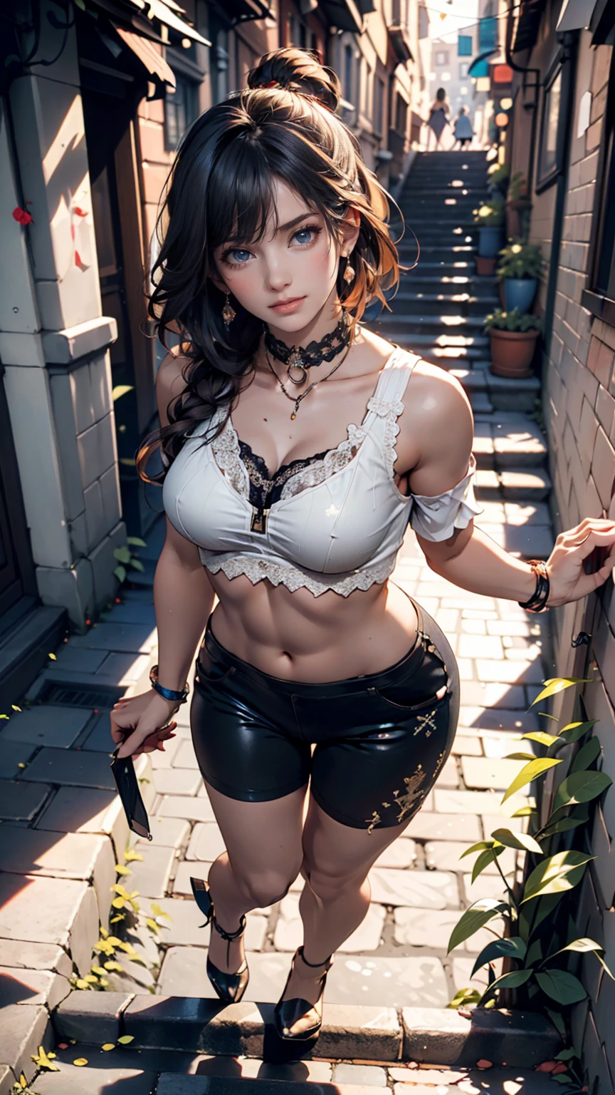(higher resolution, distinct_image) The best quality, a woman, masterpiece, highly detailed, semi realistic, 26 years old, beautiful, young, handsome, interlaced white blue dress, small gem necklace on neck, exterior, cafe seat, window, sitting, afternoon, blush, smiling,ubel,dark green hair,long hair,side ponytail,hair between eyes,bangs, BREAK (beret, black jacket, open clothes, cleavage, midriff, black shorts, black thighhighs, thigh strap, fingerless gloves, single glove:1.2), Photo,sharpness, F1.6 lens,hyper-realistic textures,spectacular light textures, Cinestil 800 Fashion Mechanics,(((Beautiful woman with left leg restrained and hung by chains))),Appearance,Beautiful girl with accentuated slender abs: 1.1,six-pack abs: 1.1, Bust Botox,Standing on tiptoe, long legs,Long brown hair fluttering in the wind,Brown hair, Long hair, Female Warrior Costume,(No panties,No bra),(tacticul battle fashion,elbow and knee cyberpad, cyberglove: 1.1),((beautiful costume)),The belly comes out and the navel is visible,Thin sheer costume, combat gloves,shredded costumes,cyber long combat boots with golden knee pads,Anatomical,(futuristic sci-fi battle fashion, new elbow and knee cyberpads, new cyberlong boots, new cybergloves: 1.1),((straddling the gundom shields and battle rifel)),(tied perfectly by iron chain), Restraint, Slave, collars, contempt, (Chained), 4 chains hung from heaven, Metallic shackles and fetters, wet crotch clearly visible,((Hands are restrained above the head)), the neck is chained,Chain from left knee to heaven,Chained by rusty iron chains,((the tip is protruding, areolas protruding,The shape of the pubic area is clearly visible)),Sweating,Wet,Wet crotch,Wet thighs,bloods,Junkyard, Realistic, (cute, perfect clothes, skimpy clothes, cute: 1.3) ,Vast prison,((wide hospital with sunlight)), peeling ceilings, Rebar between, Realistic material details, Extreme details, Ultra-realistic materials,narrow waist,(with sparkling eyes and a contagious smile),looking