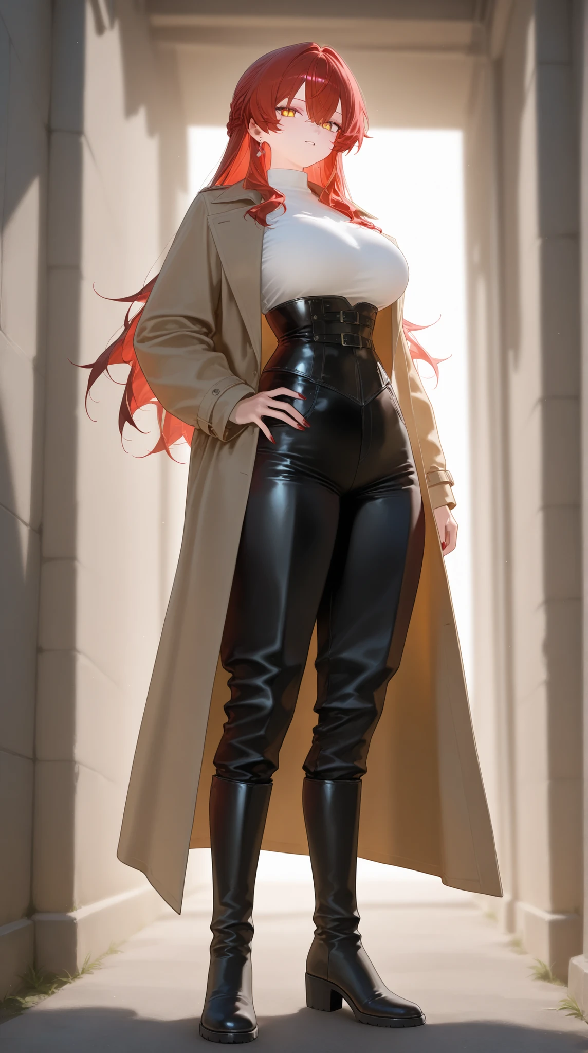 female, trench coat, jacket, corset pants , long boots