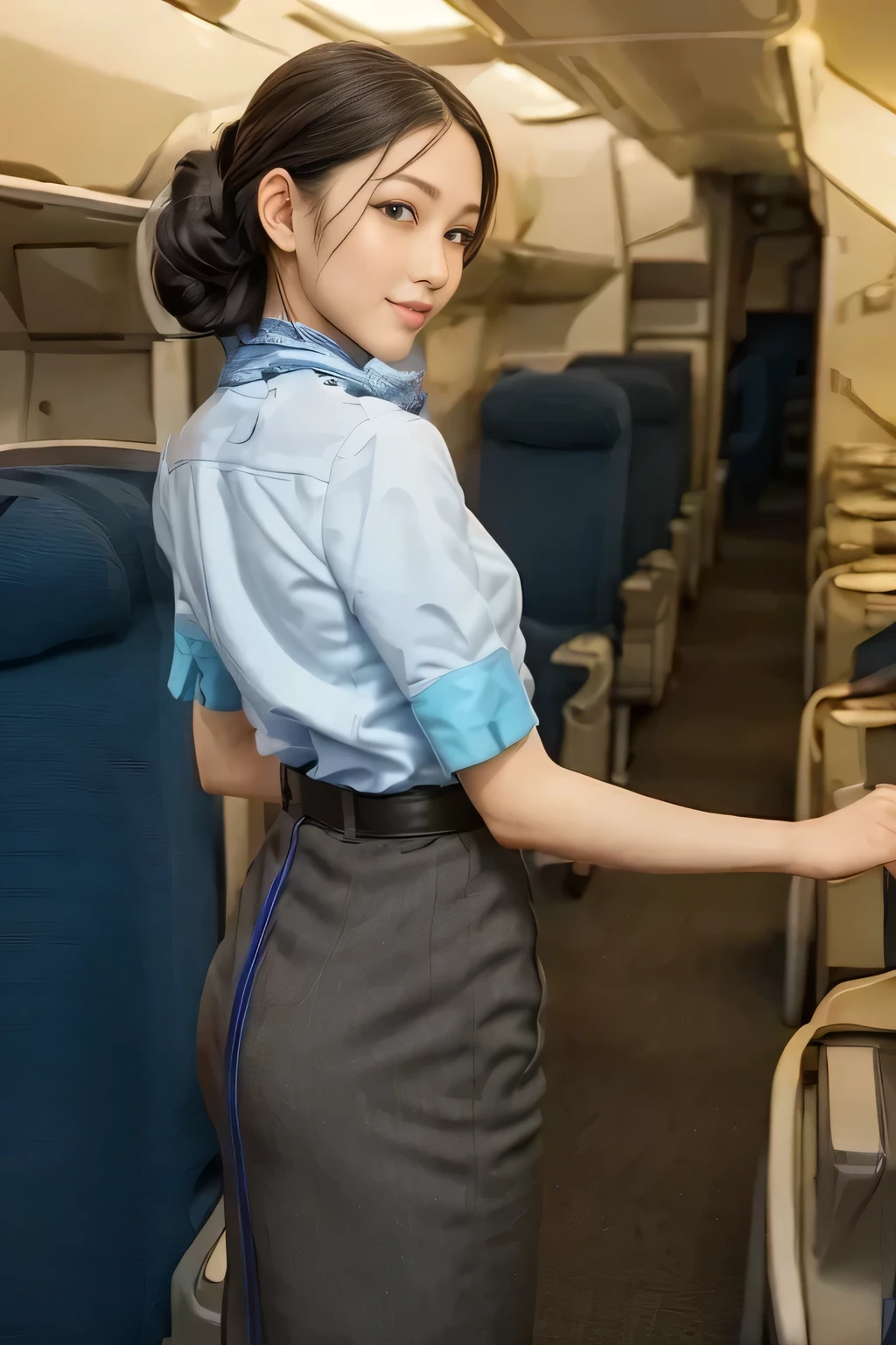 (masterpiece:1.2, best quality:1.2), 32kHDR, high image quality 。 perfect for loosely aligning your legs , (alone、 1 girl)、( daytime building rooftop 、 professional lighting )、 against the roof of a building 、(ANA Flight Attendant Uniform Blue Wear 、real style )、(( ANA flight attendant uniform 、 ANA cabin crew uniform blue skirt 、 Has a Blue Line on the Back 、 wrap a scarf around your neck ))、 lots of dark brown hair 、( long hair、 hair tied、 hair tied, braid summary hair )、 lots of dark brown hair 、 long hit 、Big Breasts、thin legs、(( amazing hand :2.0)),(( 。 figure in harmony with the roof of the building 。 :1.5)),((generally limb:2.0)),((generally :2.0)),(( watch:2.0)),((generally goal :2.0)))、 smile 、( beautiful back visible ANA cabin crew uniform blue )、 cross hands under the body