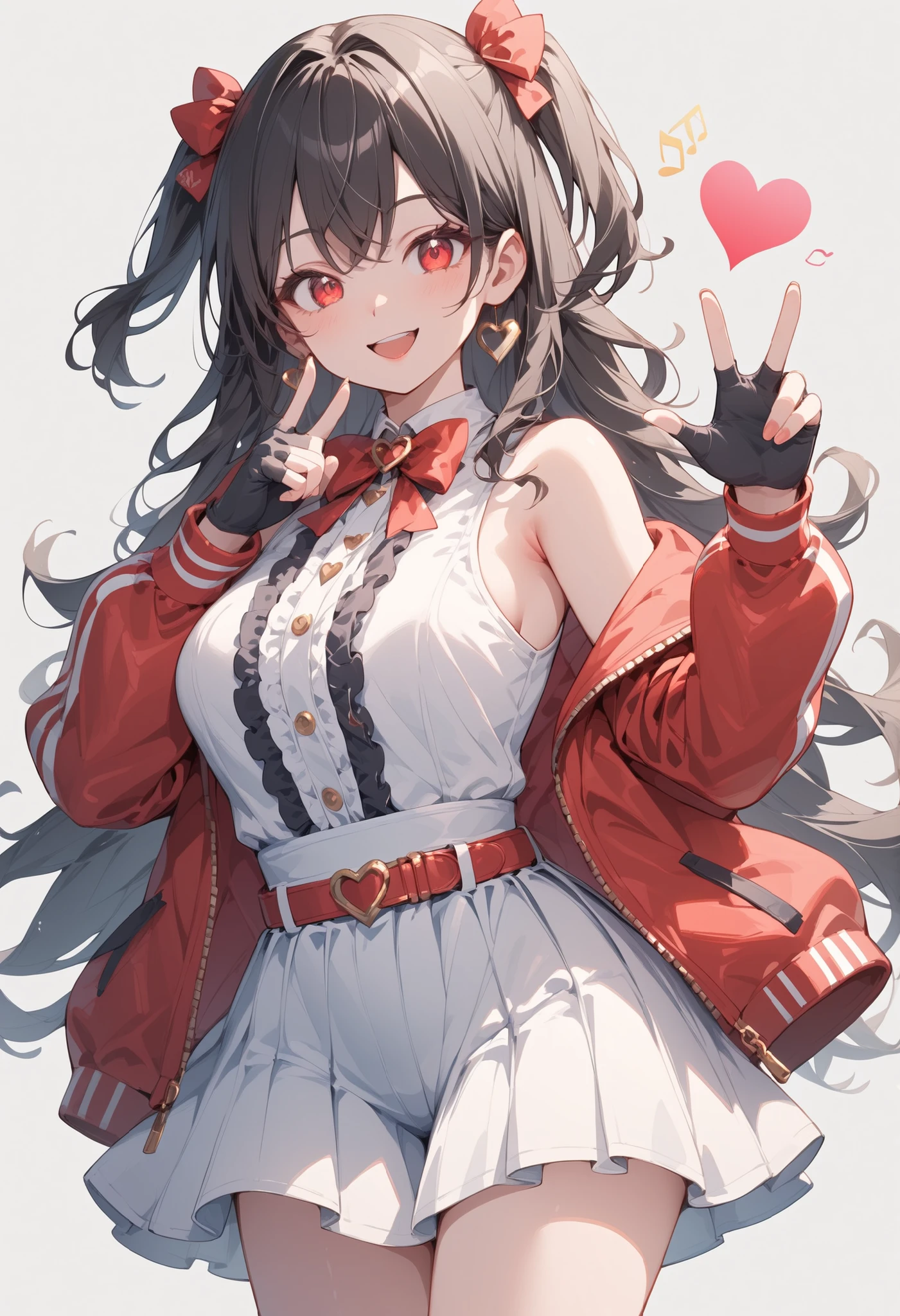 studio anime style,Big breasted beautiful girl,The character is depicted with long, flowing wavy hair adorned with red ribbons that have polka dot patterns. She wears a vibrant red jacket over a black and white striped top, paired with a layered black and white skirt with red accents. Her outfit includes black accessories like a belt with silver details and fingerless gloves. The pose shows her forming a heart shape with her hands, suggesting a charming, playful gesture. The background features graphical elements including music notes, hearts, and thumbs-up icons, with a colorful blend of geometric bars and circles, and a curtain-like element in red. The overall atmosphere is lively and energetic with a focus on vivid colors and dynamic imagery,Two Side Up Hair,black hair