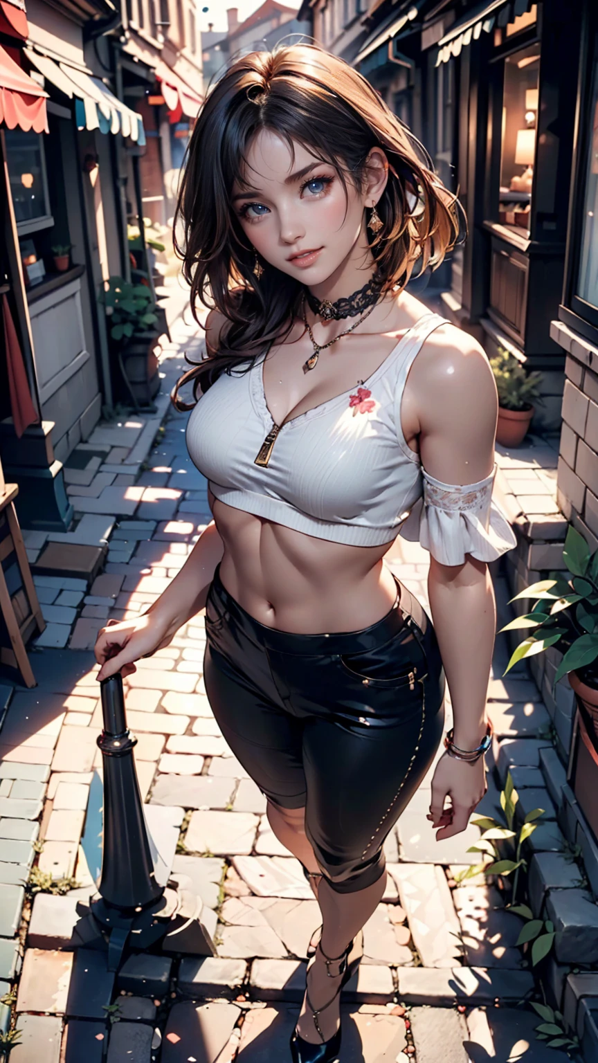 a 25yo woman、Hair color is a gradient color、eye color is brown、Semi-long、hair is wavy、wearing eye shadow and lipstick、I'm wearing a decorated headband、accessories on wrist、Slender but well-proportioned muscular body、wearing a frilly blouse、I'm wearing a low-rise pleated skirt、huge tit、a smile、Inside a Gothic building
