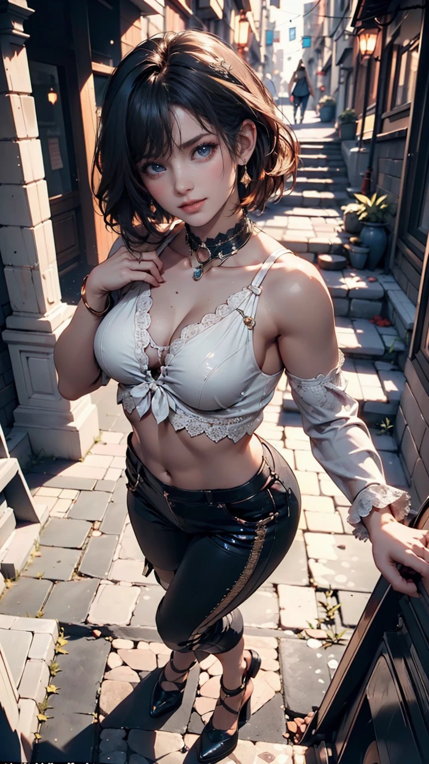Masterpiece. Ultra detailed photograph. Cowboy shot. Generate an image of a cunning tiefling rogue named Zinnia Shadowstep. She possesses jet-black hair that falls in waves to her waist, framing her almond-shaped emerald eyes. Her skin is an olive tone, speckled with freckles. (Wearing a low-cut bodice of midnight-blue velvet that reveals her ample cleavage, hip-hugging pants, and knee-high boots with stiletto heels:1.1). She exudes a raw strength and sensuality. Her muscular arms are adorned with metal bracelets and armbands. She has elegant tiny horns, barely visible between her hair around from her head. Zinnia carries a pair of daggers, their handles peeking out from the top of her belt. Her attire is designed for agility and stealth, suitable for the treacherous landscapes of her adventures. Show her in an alley