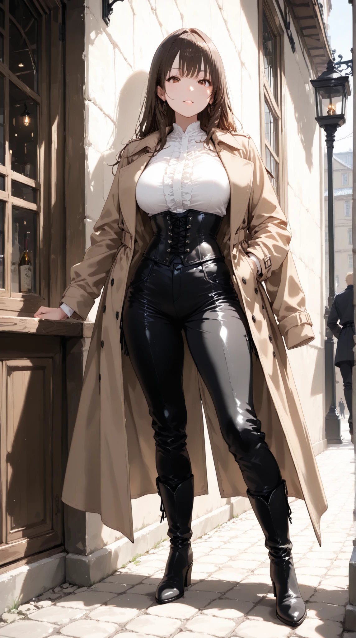 female, trench coat, jacket, corset pants , long boots