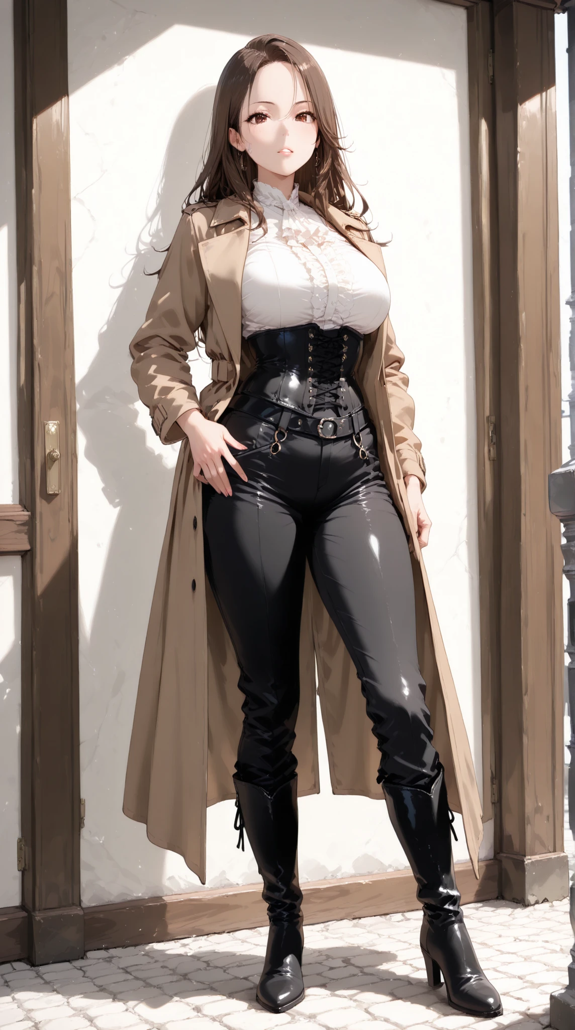 female, trench coat, jacket, corset pants , long boots