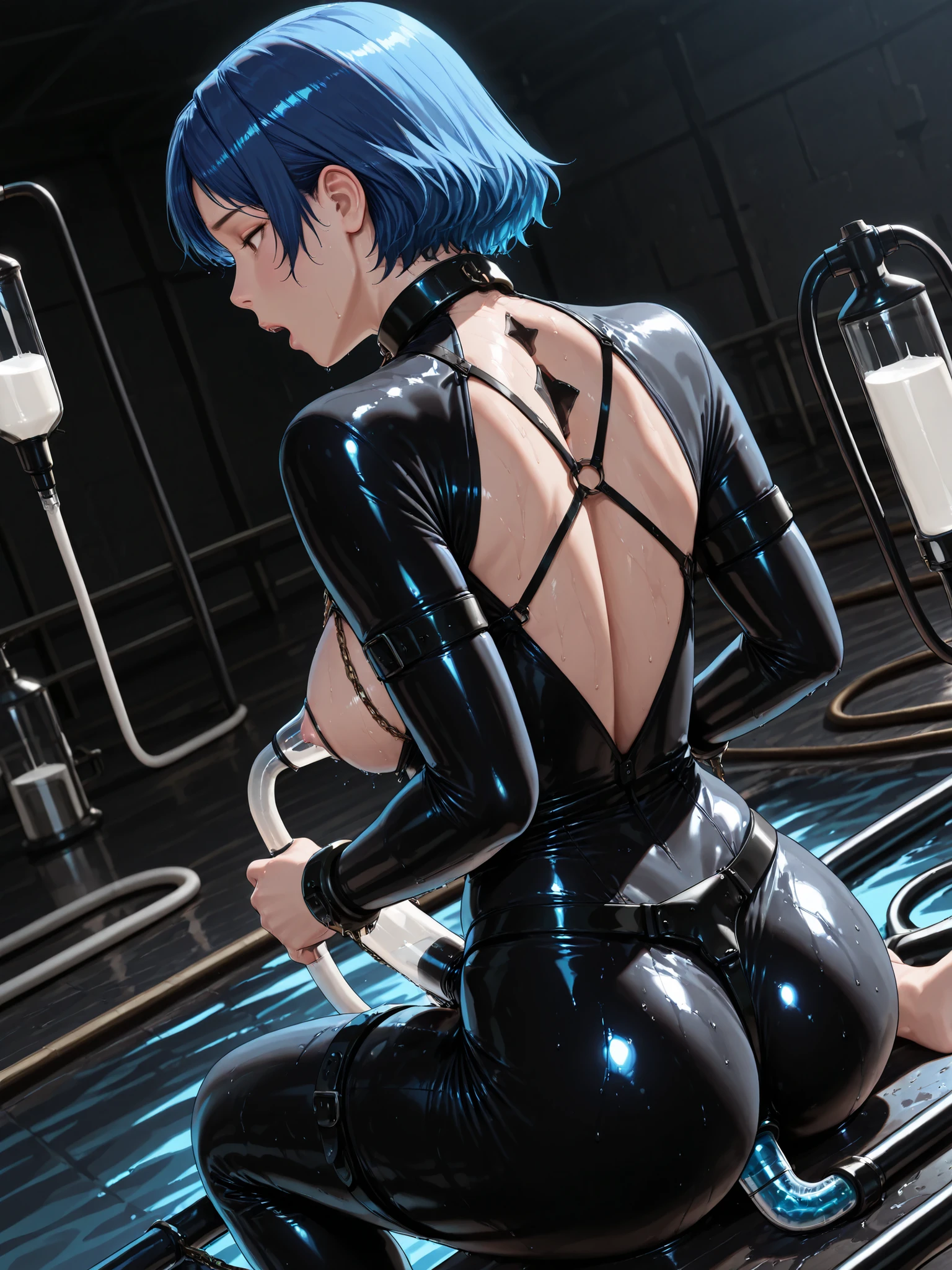 (masterpiece, best quality:1.2),(black back ground:2), saggy chest , big , strap-on,milk machine,(tubing:1.2),suction,(suction device:1.3),(1girl,open eyes,wearing wet suits,blue hair ),harnessing,
(chain),hoses,(A clear tube attached to the nipples:1.2),nipple harness,breast pump,milk,Semi Lotion Machine,(realistic:1), angle from avove
sexy
milk
milking
restrained
