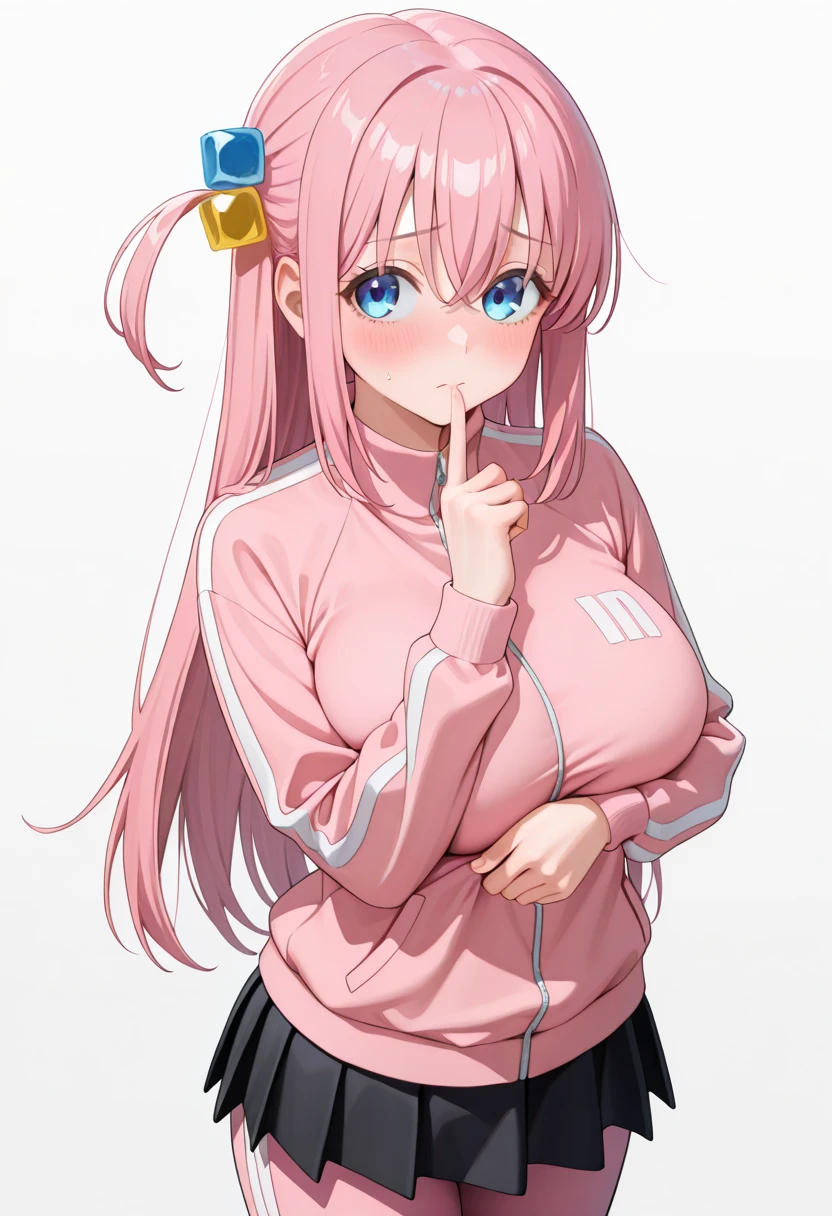 (masterpiece, best quality), ((perfect hands, perfect fingers)), 1girl, solo, hitori gotou, 

blue eyes, hair between eyes, pink hair, long hair, 
hair ornament, cube hair ornament, one side up, 

black skirt, jacket, long sleeves, pants, pants under skirt, pink jacket, pink pants, pleated skirt, skirt, track jacket, track pants, track suit, 

, 

, 

blush, averting_eyes, frown, closed mouth, shy, embarrassed, 

no background, looking at viewer, cowboy shot, standing, (put index finger on mouth), 

adjusting clothes, 