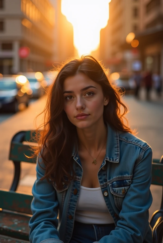 A sultry brunette woman in her 40s sits confidently on a Manhattan park bench, her hourglass figure accentuated by the golden hour glow. She wears a blue miniskirt and a yellow transparent blouse, showcasing her long nipples and camel toe. Her legs are open, revealing a thong, as she faces the camera with a subtle half-smile of pleasure. The Canon R5 captures her in stunning 4K resolution, with an F1.2 lens rendering photorealistic details. The bustling park crowd blends into the background, immersing the viewer in the scene.