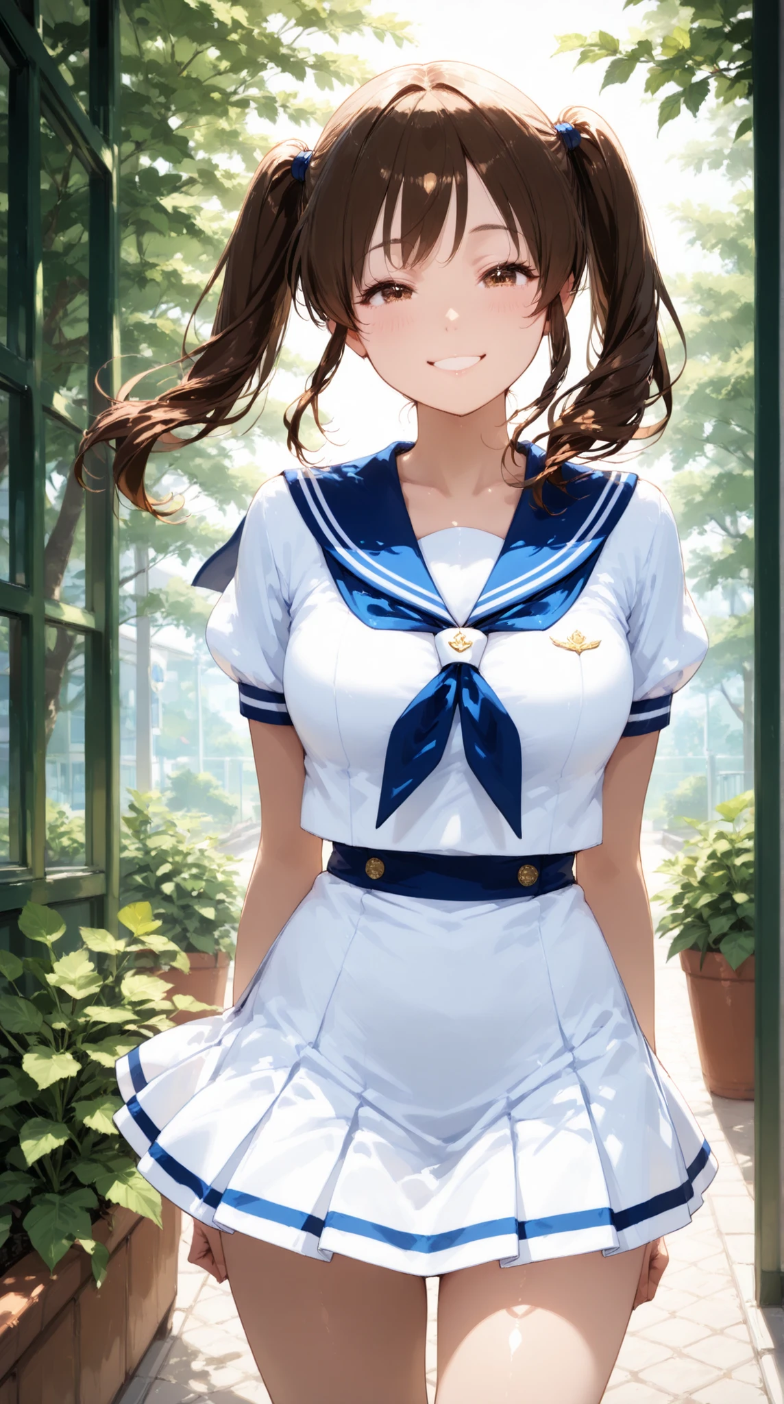 high school girl, Sailor Suit, twin tails, smile,   Fresh greenery,  wind,