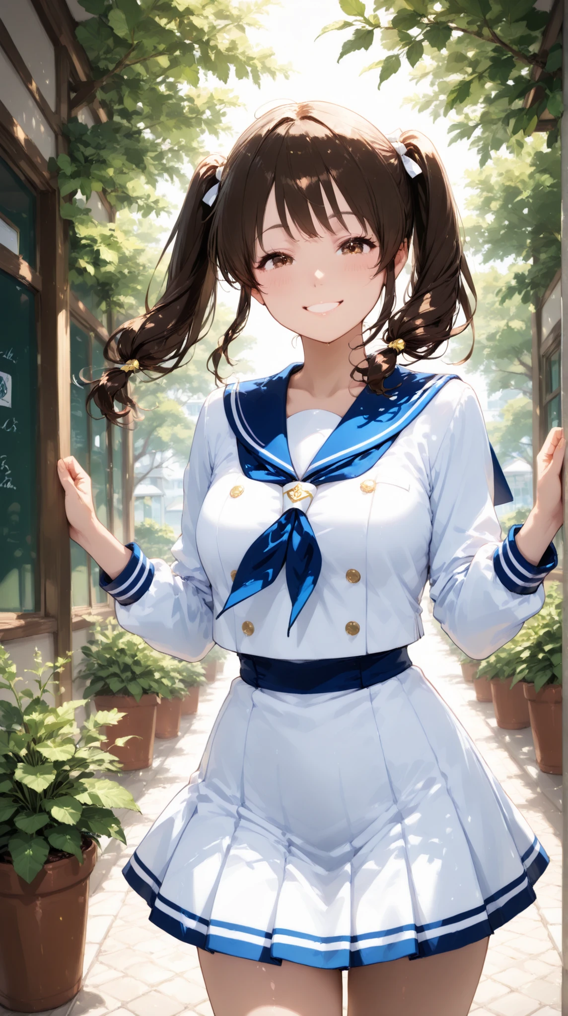 high school girl, Sailor Suit, twin tails, smile,   Fresh greenery,  wind,
