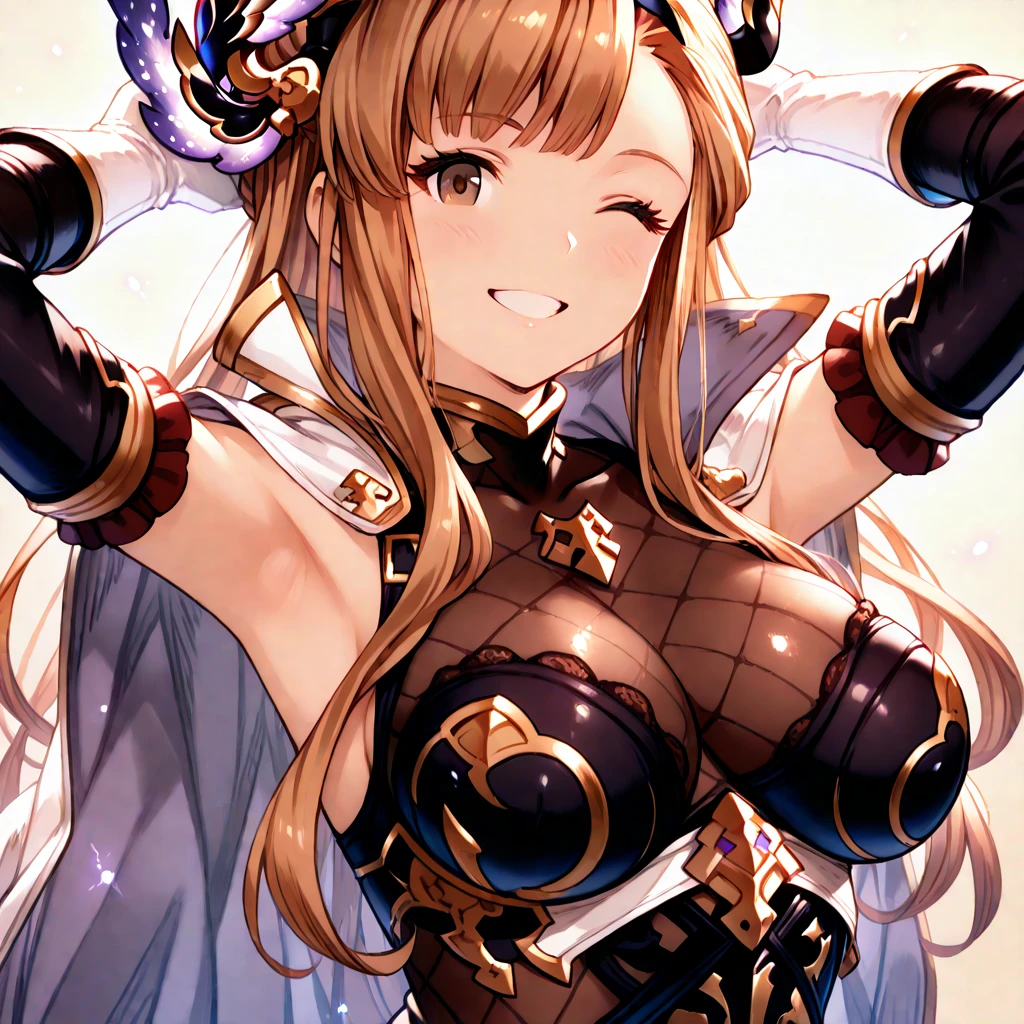 "(masterpiece:1.1), best quality,
1girl, (80s anime style:1.4), (eyelashes:1.5),
(intricate high detailed body:1.2),
brown hair,
(hair between eyes:1.1), (twintails, drill hair:1.1), (hair ornament:1.2),
purple eyes, (gothic makeup, red lip stick, eye shadow:1.1),
(curvy body:1.2), (gigantic breasts:1.3),
happy, smile, open mouth,
(see-through cloth bikini armor:1.2), (pantyhose:1.1),
(spiked knight armor, armored boots:1.2), (frill:1.1), (streaked hair:1.2), collar,
standing,
(upper body, looking at viewer, from front:1.1),
(daytime, grassland, outdoors:1.1)"