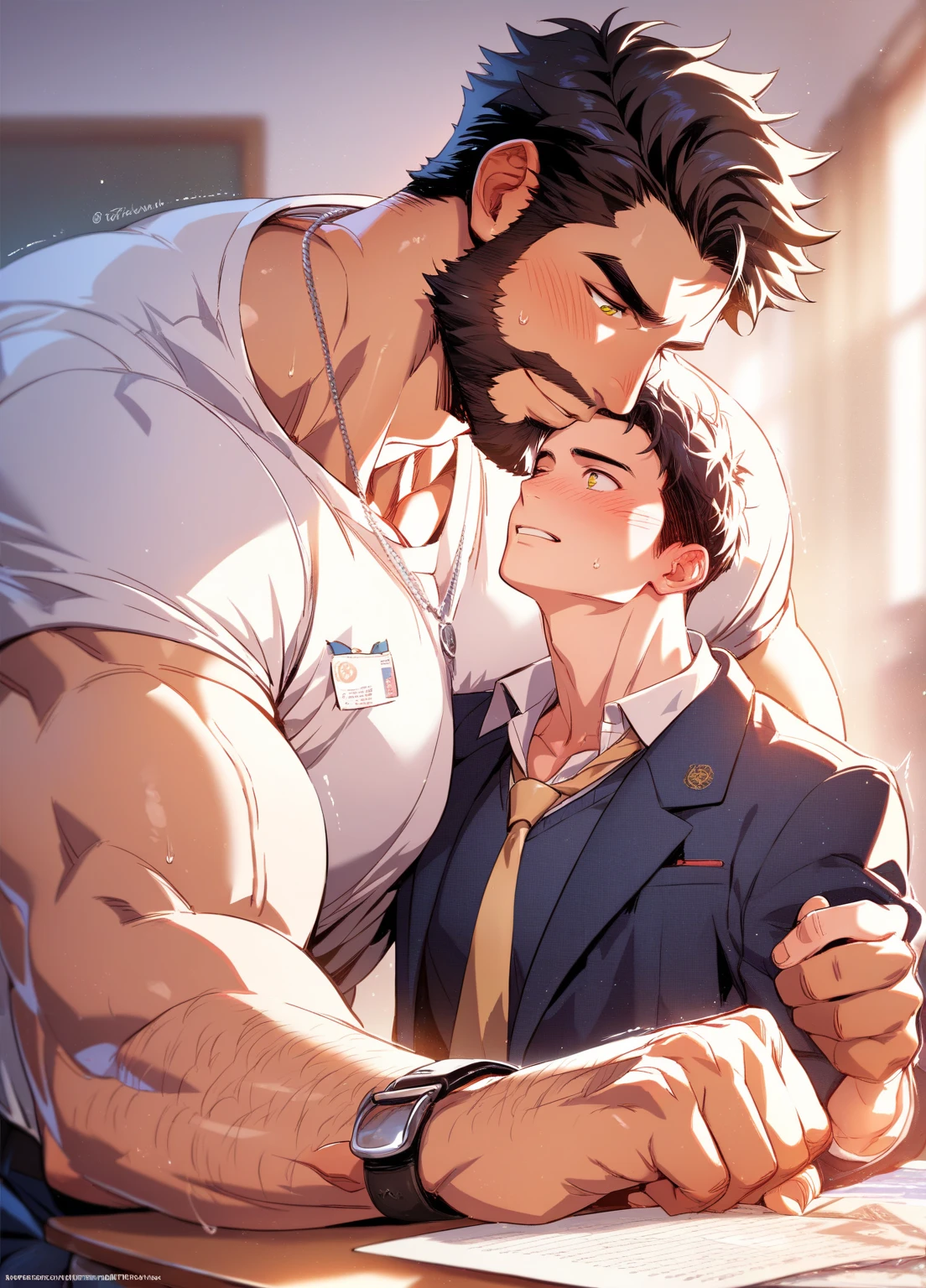 Two gays, one is a big bully and the other is super delicate and the delicate one is sitting down helping the other to clean his wounds. They are not dating but are in love. They are high school boys, they are in school and the big guy looks like an American football player. They are very thin and do not have a beard, but they are not very thin and have a little muscle......stop making pedophile images! The two have the same age and appearance, they are 1 and NEITHER OF THEM HAS EVEN A LITTLE BIT OF A BEARD AND THEY ARE PRACTICALLY THE SAME SIZE, they are the same size and age.