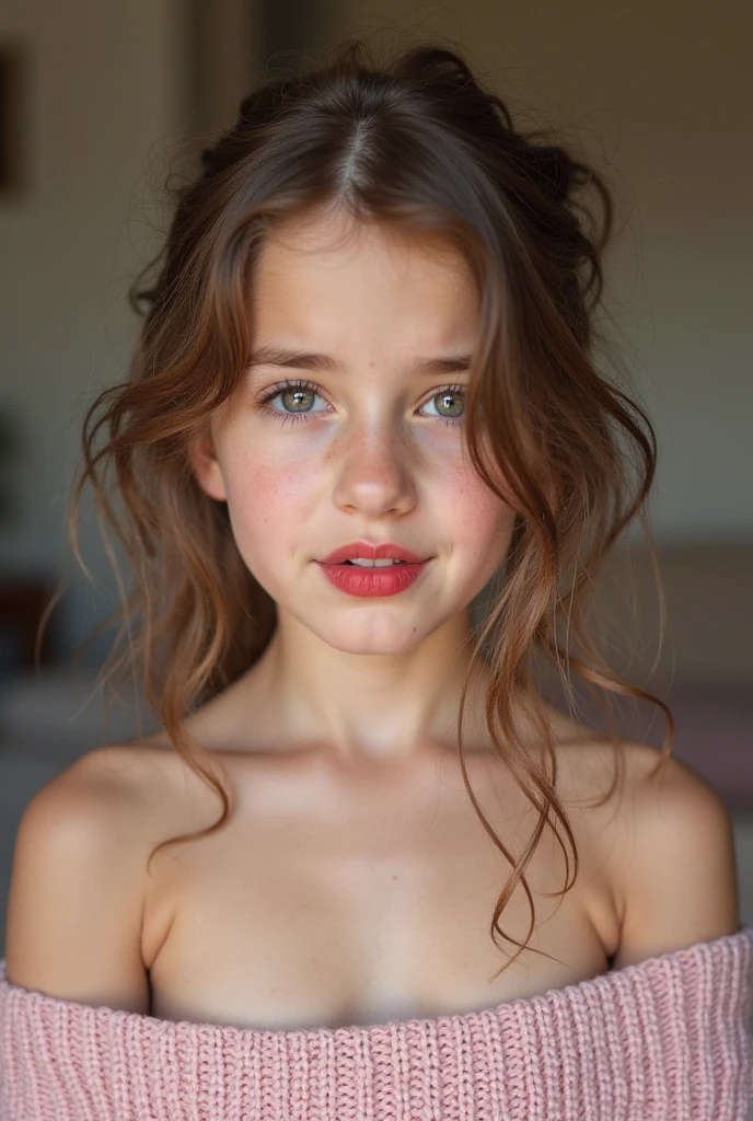 ((high resolution: 3.5K)): A young brunette girl with freckles and pale skin is captured in this art piece. Her blue eyes sparkle with youthful innocence and her blushing cheeks add a touch of sweetness to her face. Her wavy hair cascades down her shoulders in soft waves, framing her smiling face. The image showcases her large breasts, but she is depicted as naked, emphasizing the vulnerability and raw authenticity of childhood. The use of soft lighting and muted color palette adds to the nostalgic and endearing feel of the artwork.