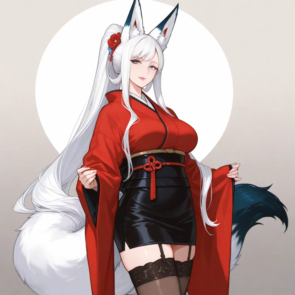 beautiful white neko, long white neko ears, white neko tail, anime style, purple eye, blue eye, big breasts, extremely detailed eyes and face, Wearing White and Black Open Shoulders Kimono, white long hair, heterochromia, wide waist, mature woman, black small beauty mark under right eye, full body