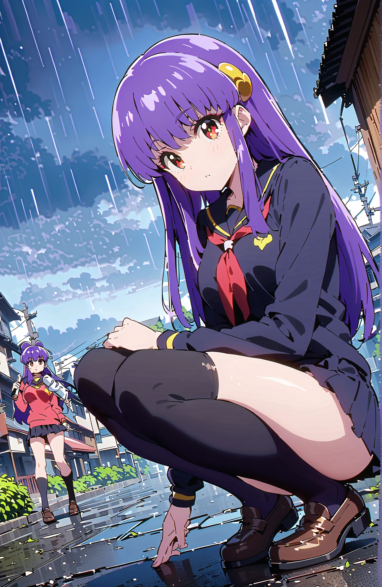 score_9, score_8_up, score_7_up, source_anime, shampoo, shampoo (Ranma 1/2), long hair, hair ornament, Red Eyes, purple hair, hair bun, double bang, Medium breast, Black Sailor Suit,long sleeve, black mini pleated skirt ,Black thigh high socks,loafers,white panties,squatting,umbrella,umbrella,umbrella,angle from below,rain,cloudy,full bodyがillustrationsに入るように,in their 40s outdoors, residential area,
in their 40s looking at viewer,full body,
in their 40s (masterpiece:1.2), best quality, high resolution, Unity 8k 壁紙, (illustrations:0.8), (beautiful detailed eyes:1.6), highly detailed face, perfect lighting on the table, extremely detailed CG, (perfect hand, perfect anatomy),