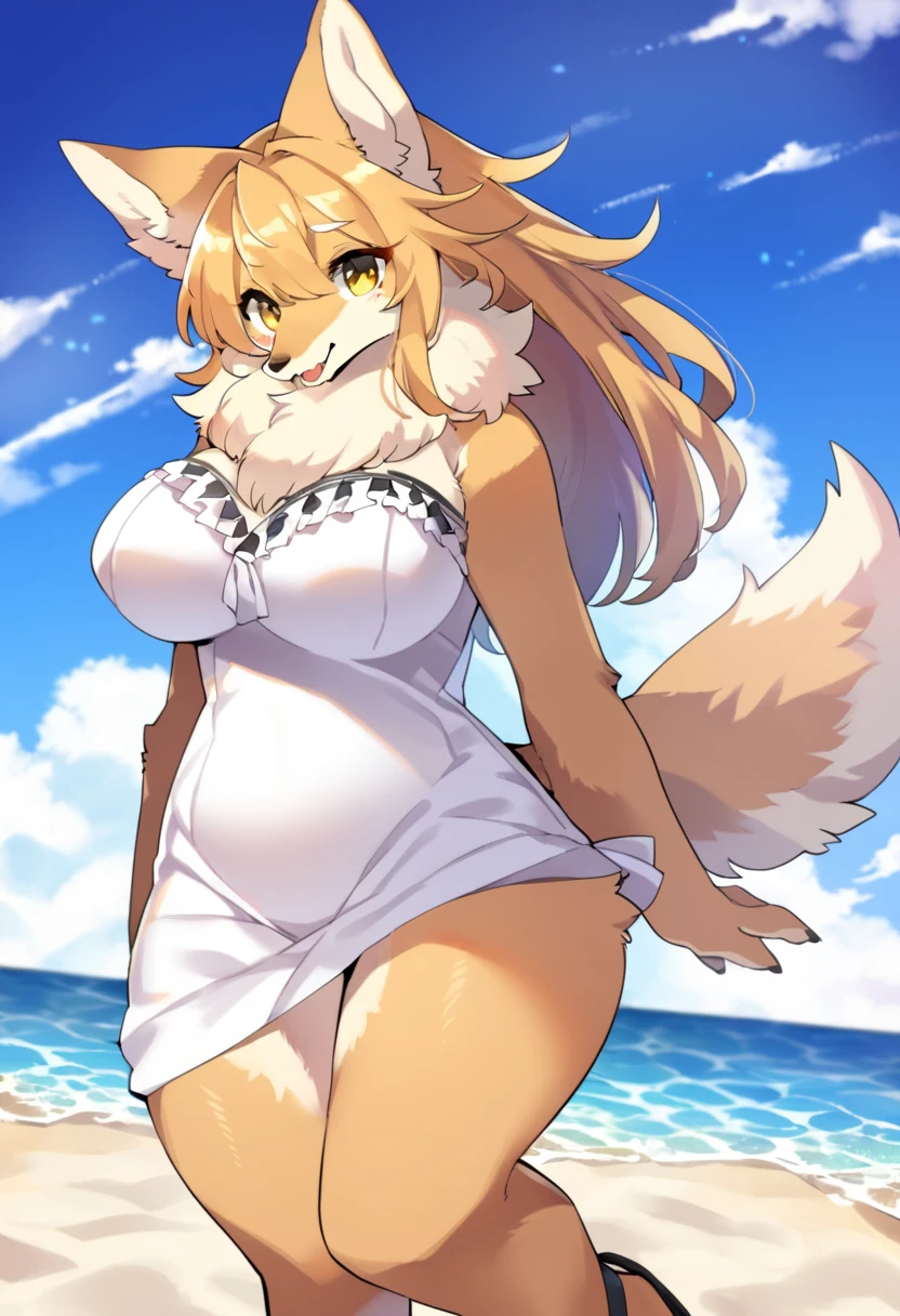masterpiece, best quality, high quality, beautiful anime character, solo, anime girl with blonde hair, messy hair, long hair, green eyes, fox ears, big breasts, mature female, tall female, big girl, thick, (naughty face, light smile, loving eyes), outdoors, (white bikini, side-tie bikini bottom), huge fox tail, thick, beach background, standing, pubic hair under bikini, very hairy pubic hair, messy pubic hair, see-through, full body, wet, 