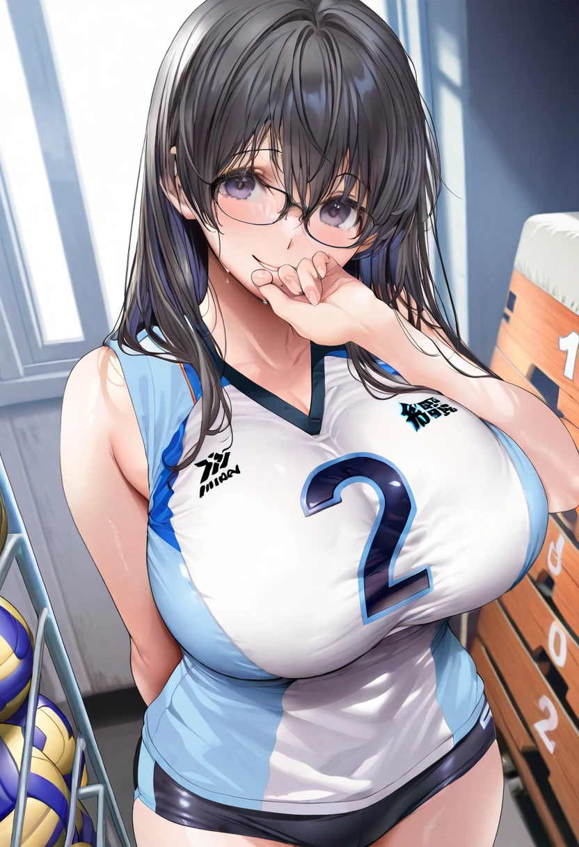 Brown　ponytail、Huge 、Plump　Beautiful feet、Butt、Sports Necklace、Volleyball Uniforms　Number 13　English letter logo　White sleeveless　Blue shorts、Elbow Support　Knee support　black、Playing volleyball、National Gymnasium　Volleyball net、Embarrassed face、Date glasses、Indoor shoes、White loose socks