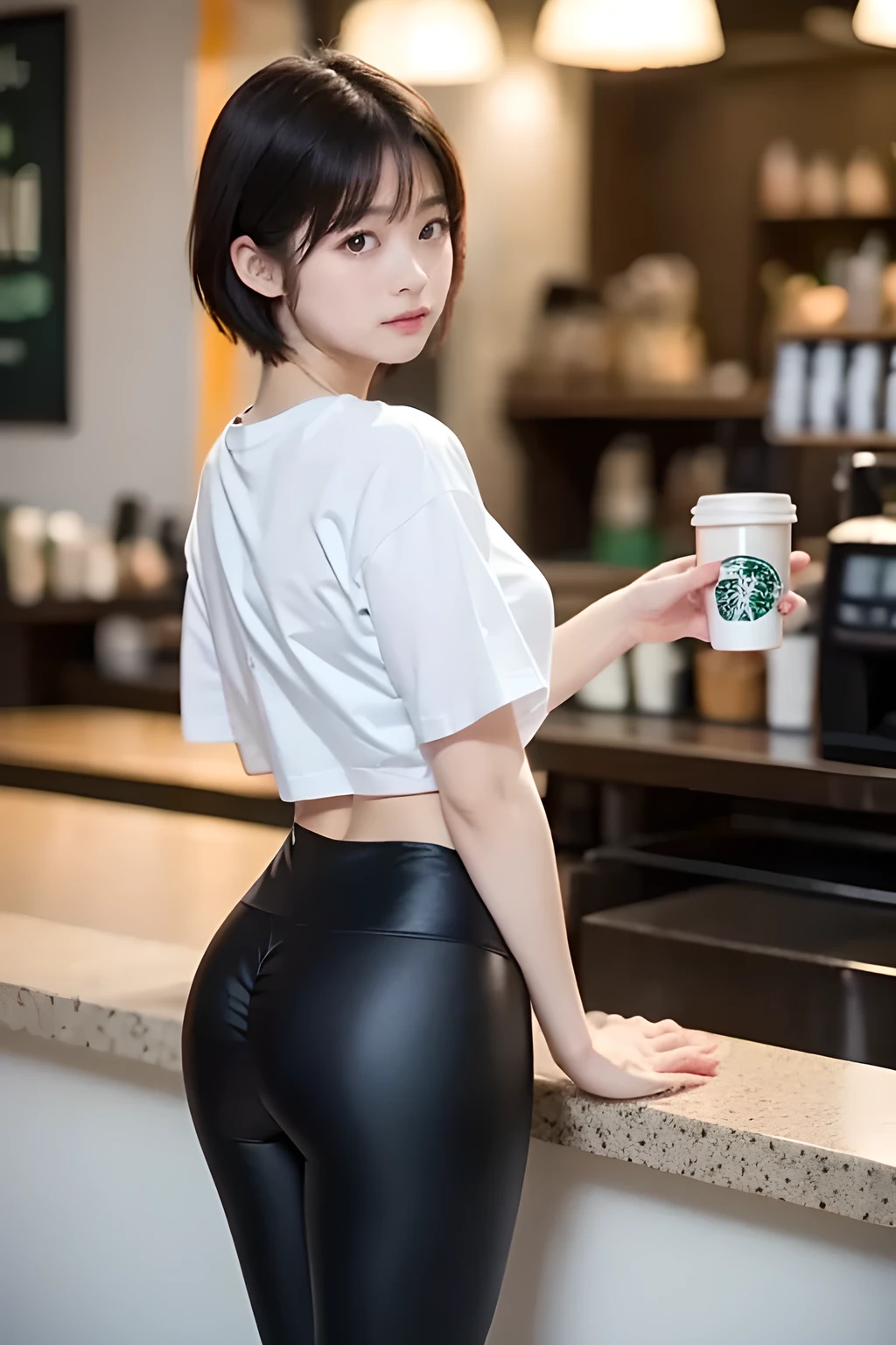Oversized Tee、colorful leggings、They are lined up at the Starbucks counter、short hair、black hair、and I'm sticking my butt out、, my legs are open、I'm only looking at me with my gaze、disdainful expression