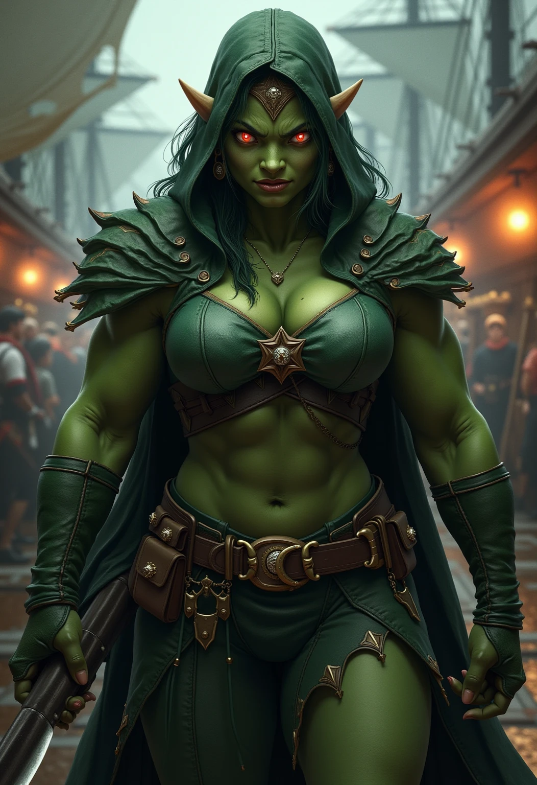 adriana lima's face, orc girl, green colored skin, (tusk:1.5), mature orc girl, abs, toned, absurdly long black hair with a single red streak, braids, hair tied back, Eager to please, Ornate erotic slave outfit, Slave collar, Captured Warrior, Tribal Tattoos, Facial Scar, purple eyes, messy red hair mullet style,, soft facial features, (((green skin))), ((black curly hair)), (glowing green eyes), ((extra long legs)), detailed face, ((thicc figure, thin waist)), ((muscular body and abs)), (thicc legs), (((wide hips))), (((big breast))), she looks giant in the garden, (Paw pose), standing in the garden, legs spread, chest plate, gauntlets, red cape,cameltoe,erected nipples, smilling like a slut.